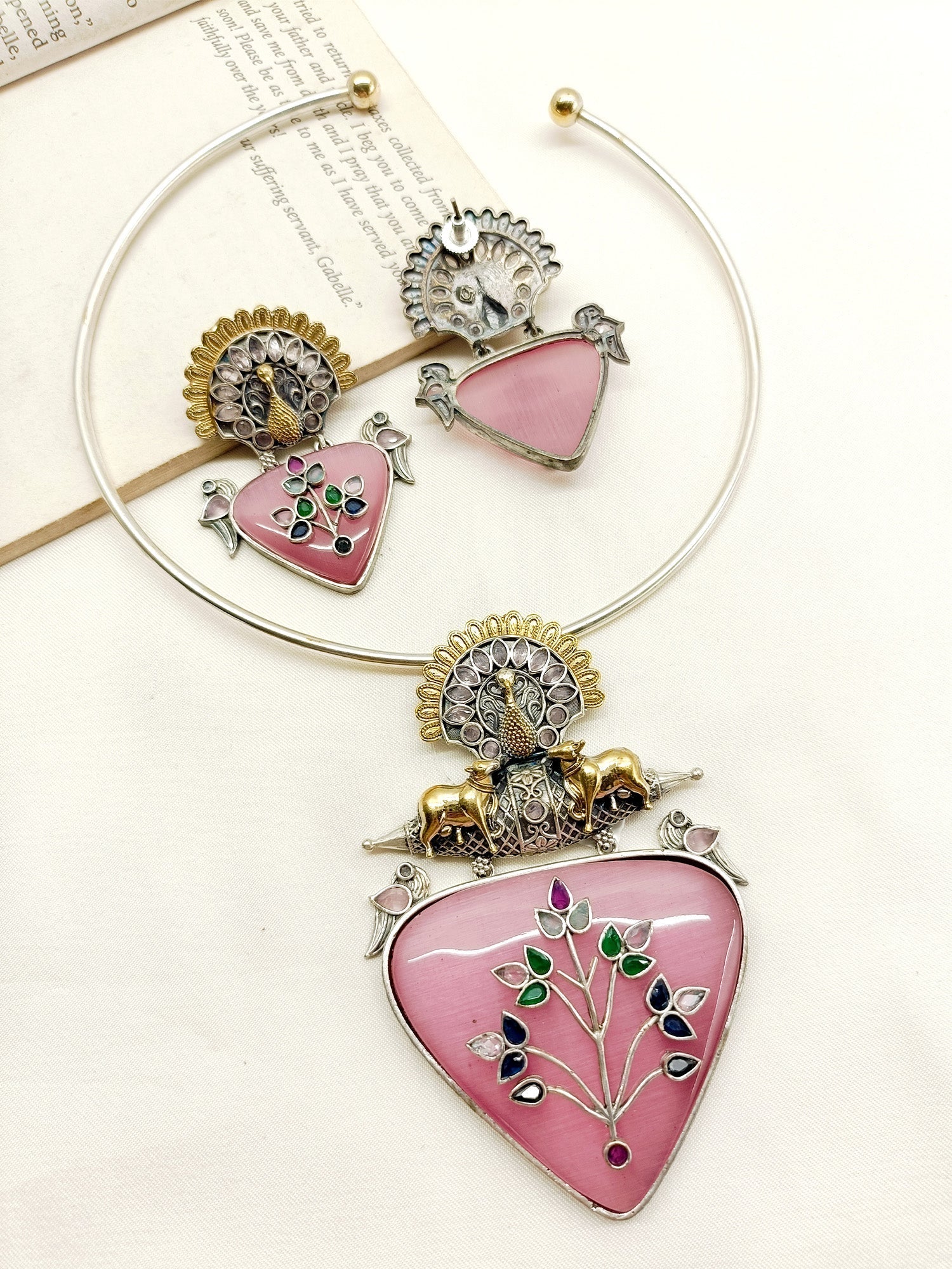 Gamini Pink German Silver Oxidized Hasli Style Necklace Set - qivii