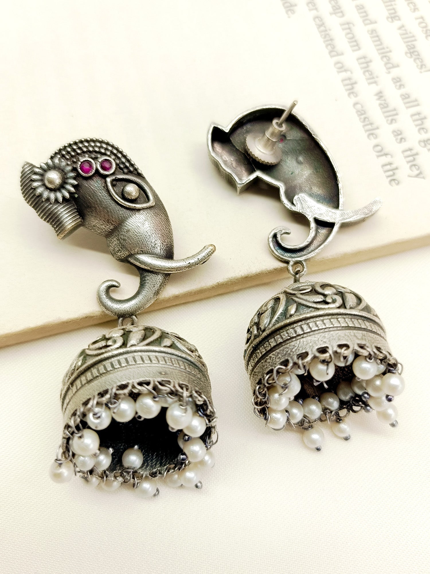 Aarya Ruby Ganesh Ji Oxidized Jhumki - qivii