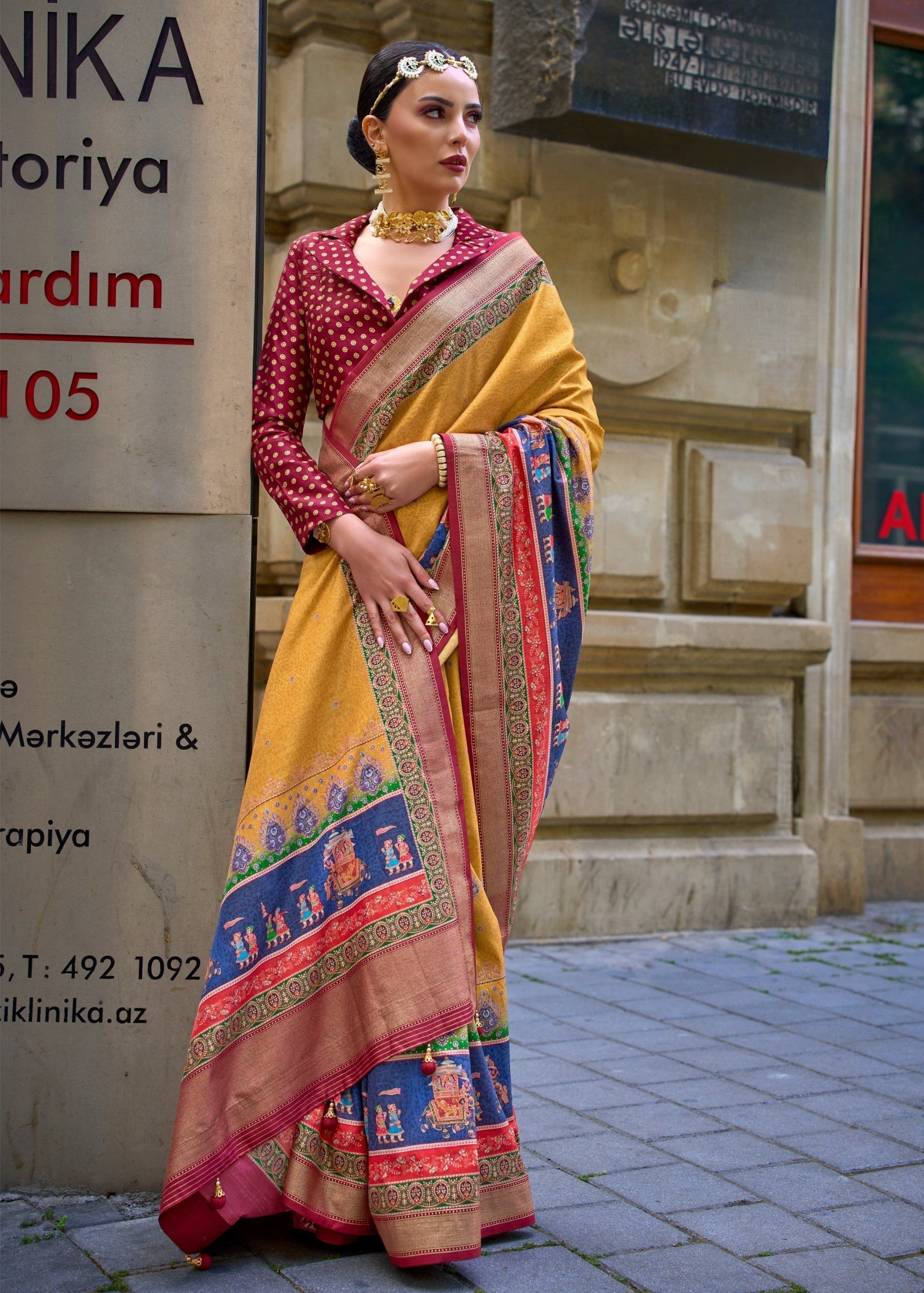 Amber Yellow Poly Viscose Silk Saree With Foil Print - qivii