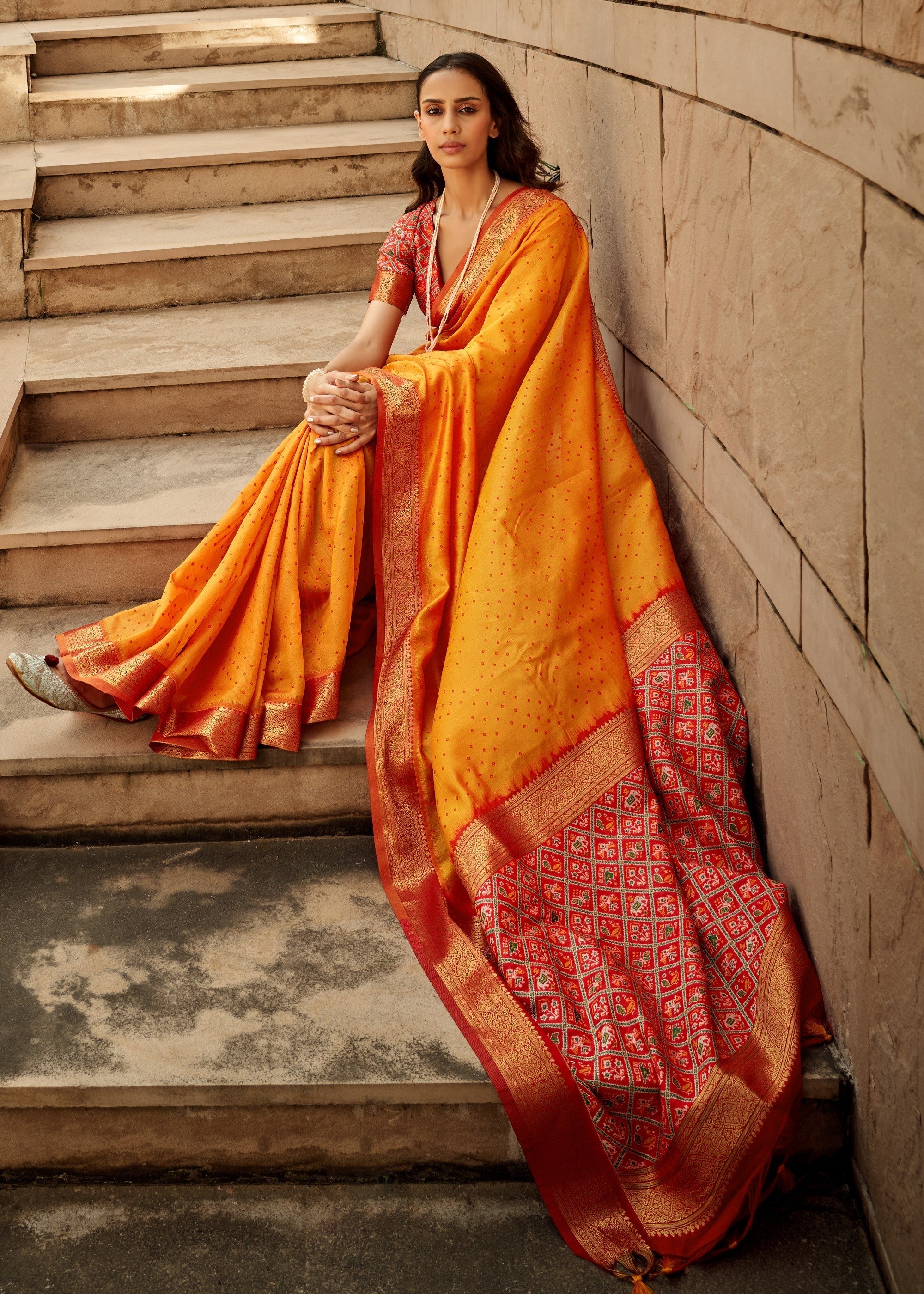 Orange Handloom Weaving Silk Saree - qivii