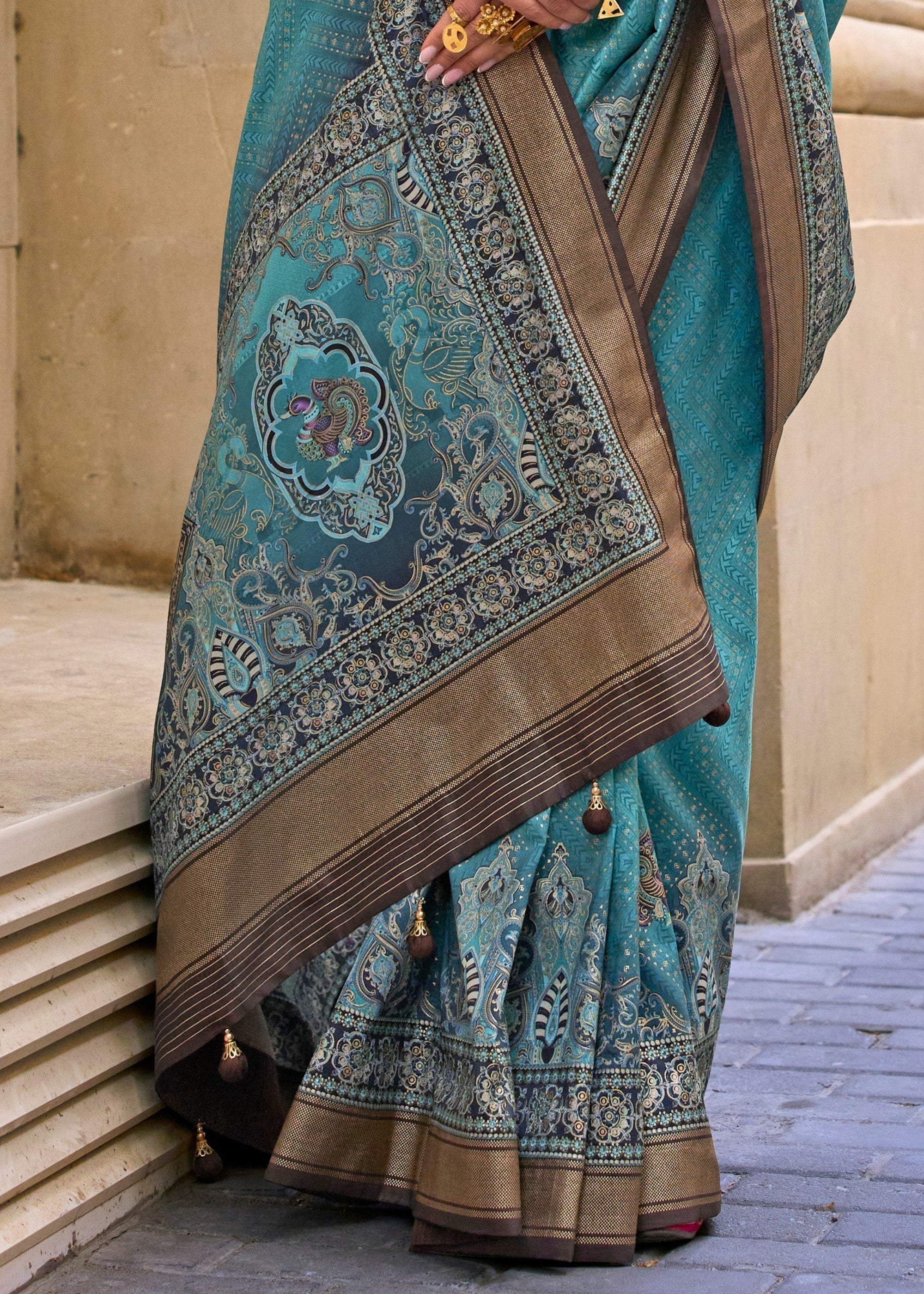 Sapphire Blue Poly Viscose Silk Saree With Foil Print - qivii
