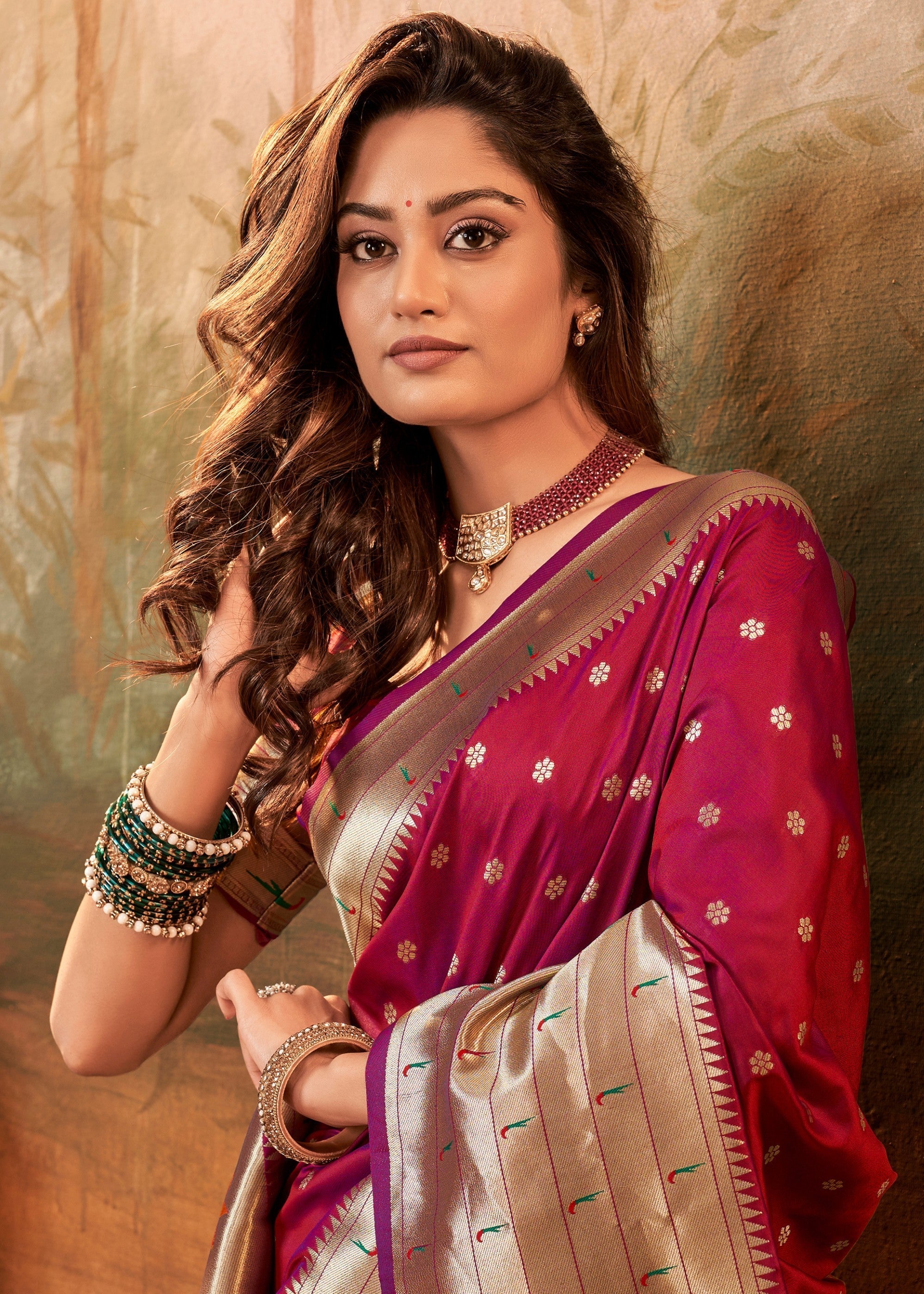 Burgundy Red Paithani Silk Saree With Zari Weaving - qivii