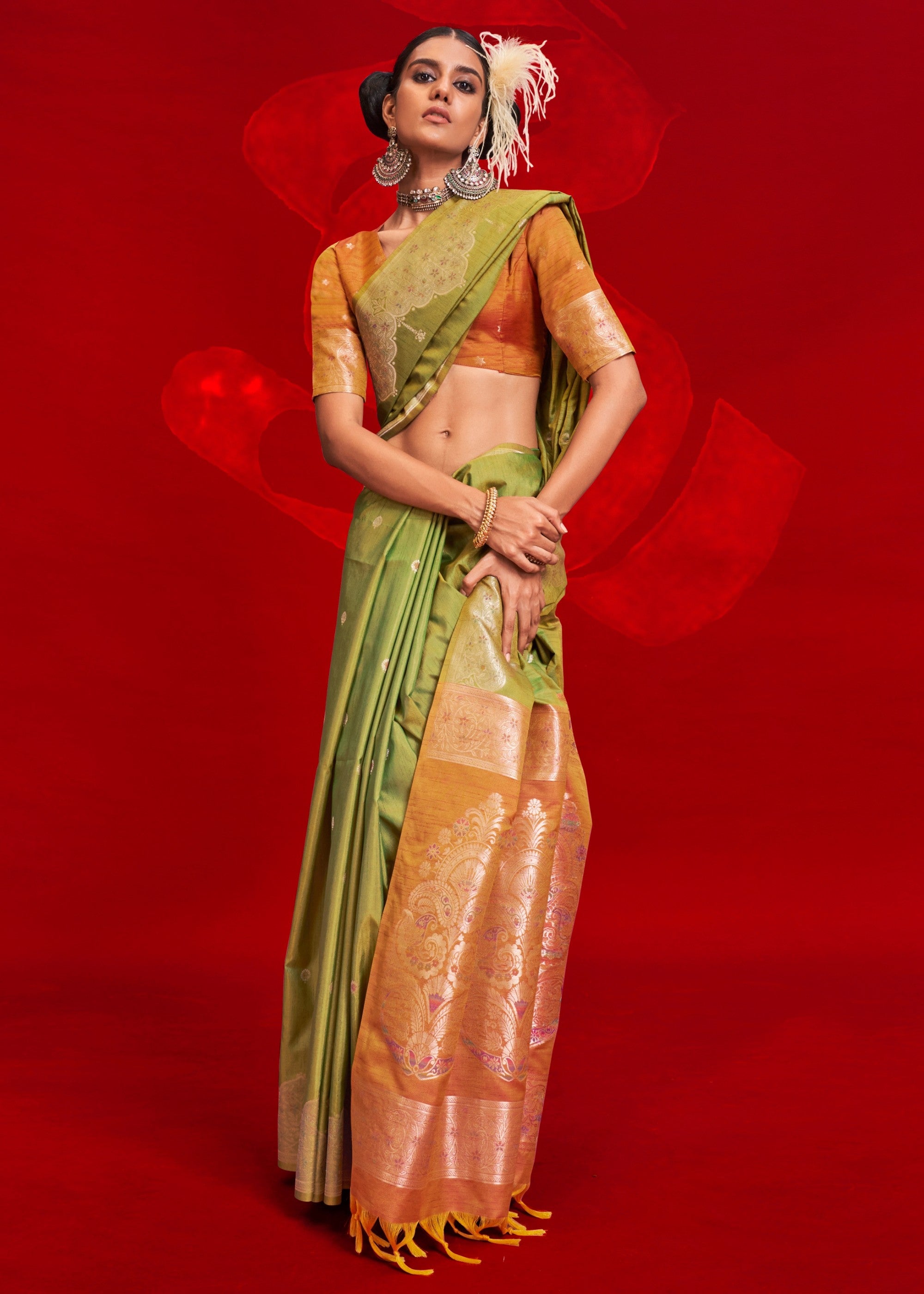 Green Tussar Silk Handloom Weaving Saree with Contrast Ikkat Pallu - qivii