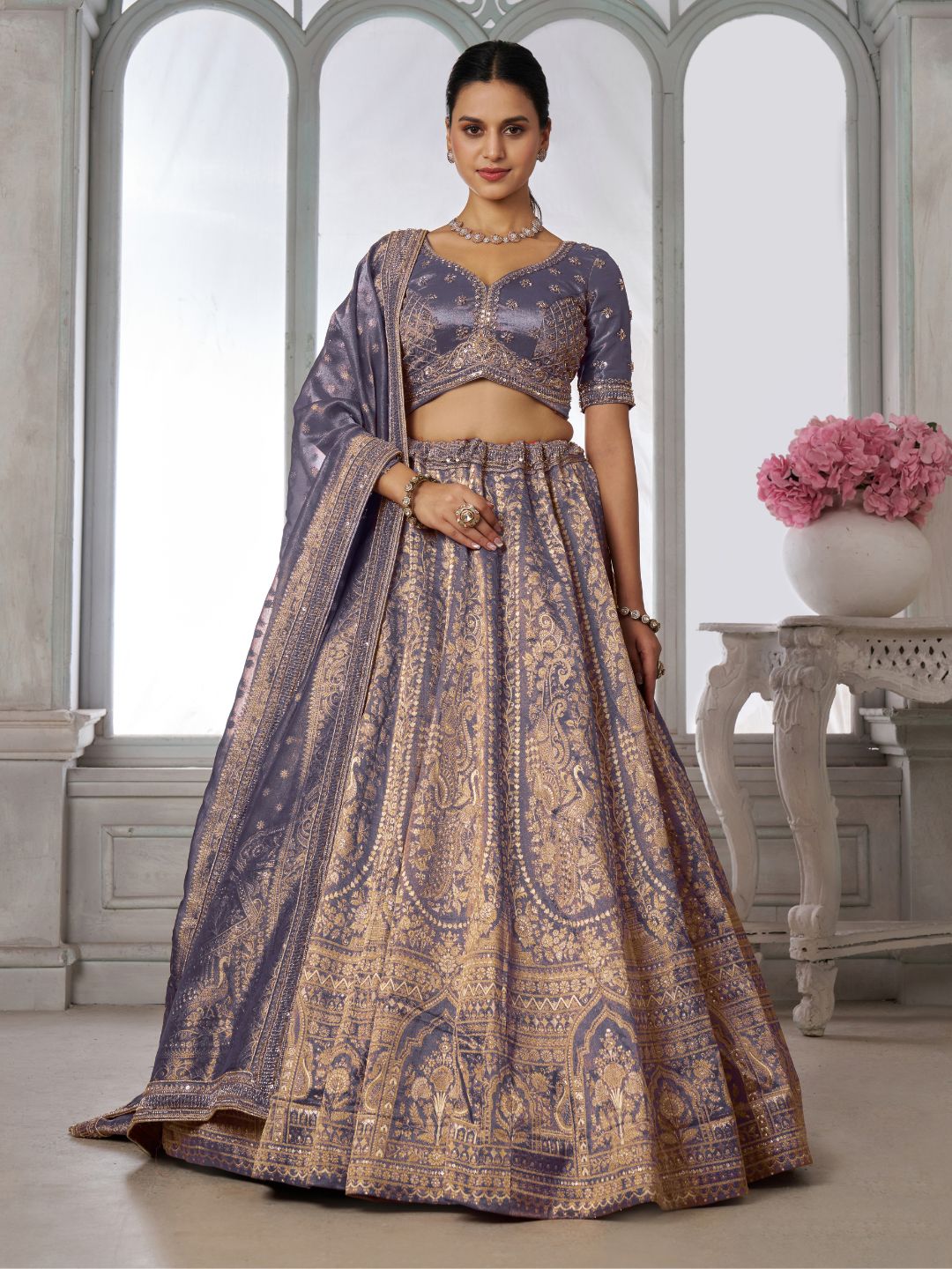 Luxurious Purple Jari Tissue Lehenga Adorned with Delicate Beadwork