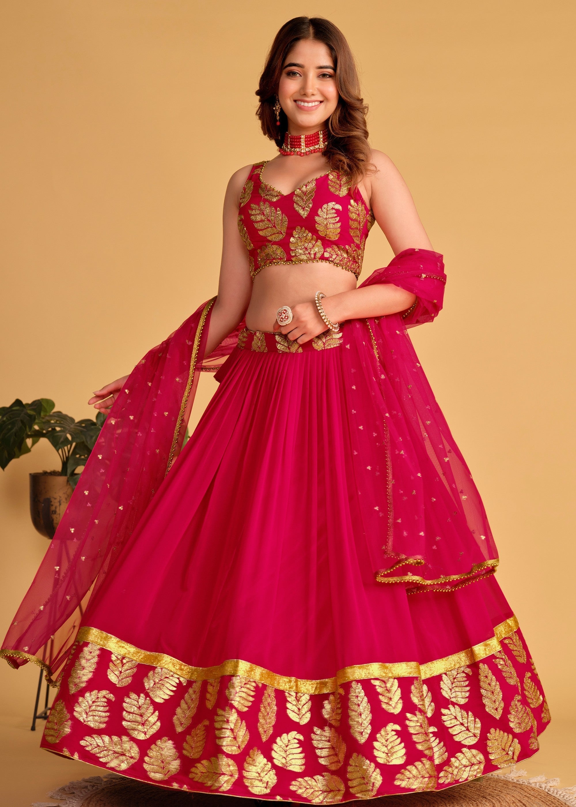 Cerise Pink Georgette Lehenga Choli With Sequins Zari Embroidered Work | Ready To Wear - qivii