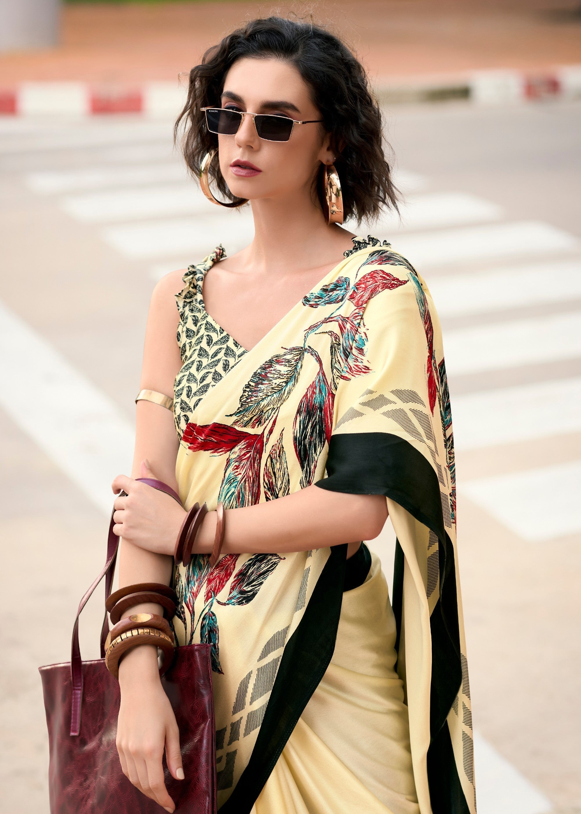 Blonde Yellow Printed Satin Silk Saree - qivii