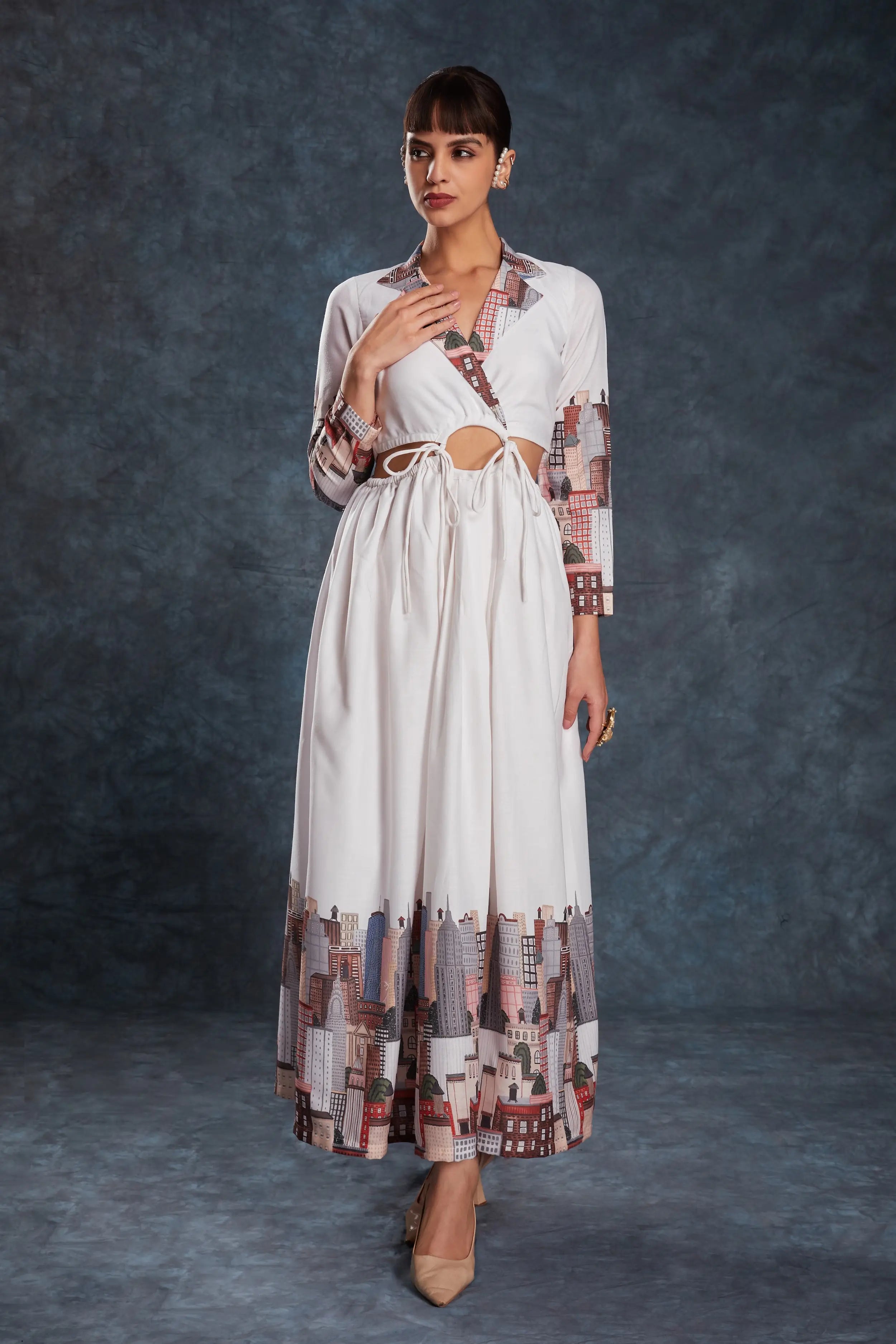 White Printed Linen Gown - qivii