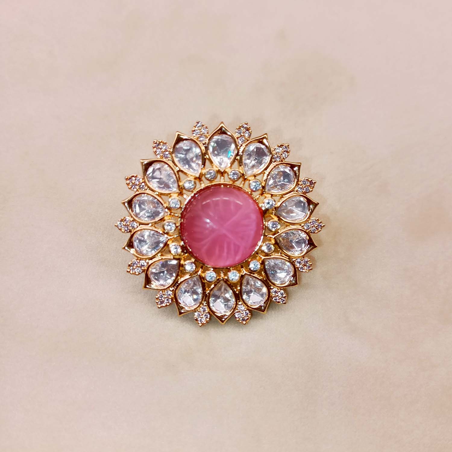 Binita Pink Stone Gold Plated Kundan Ring - qivii