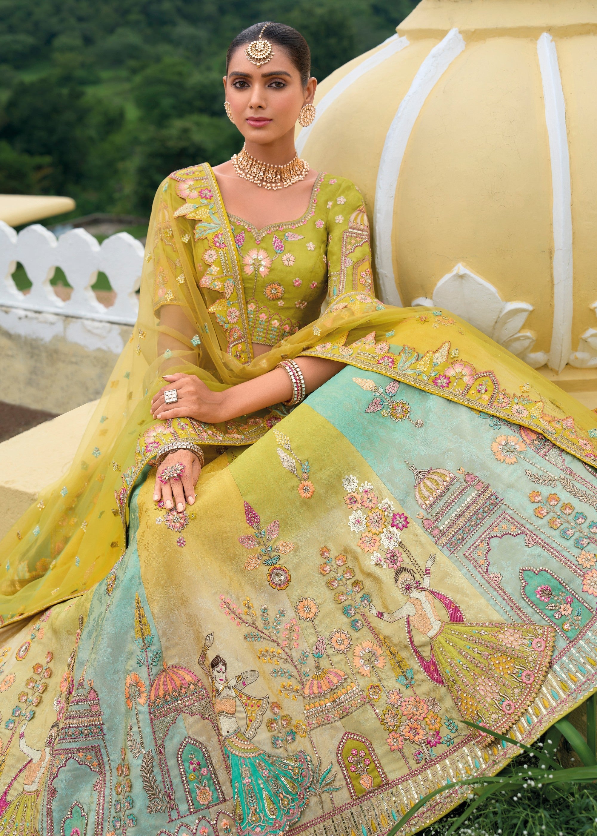 Lime Green Banarasi Silk Lehenga With Heavy Embroidery Work | Ready To Wear - qivii