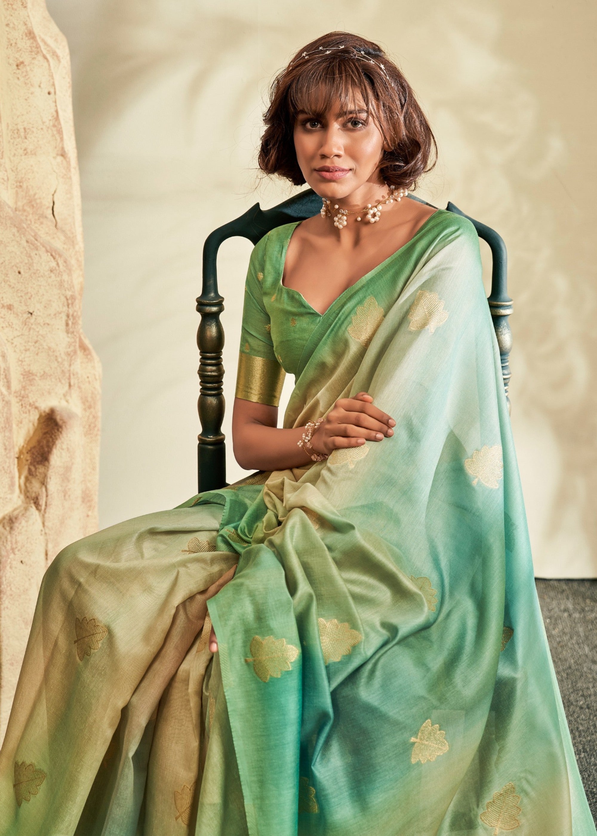 Emerald Green Handloom Khadi Silk with Digital Print - qivii