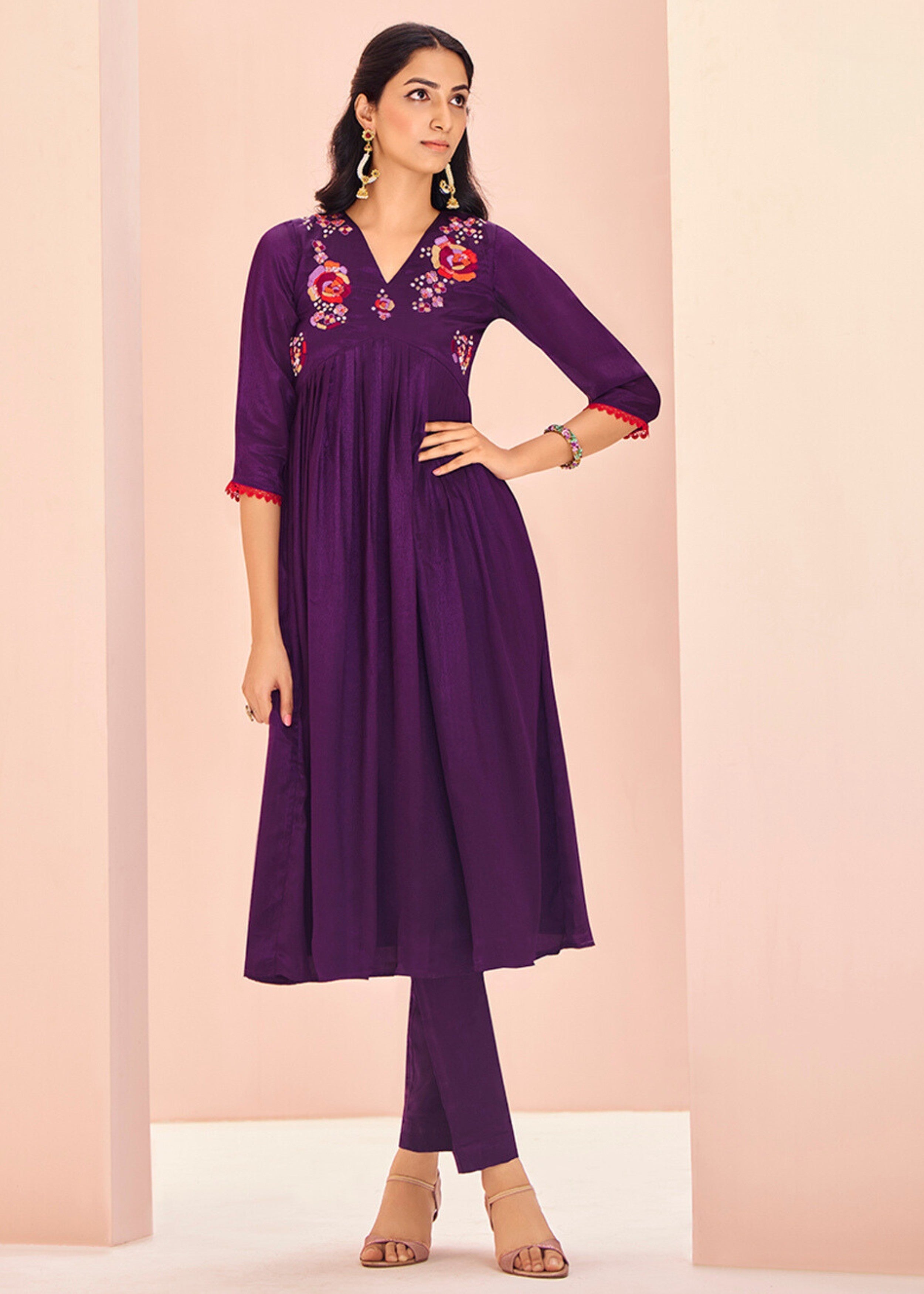Chinon Wine Handwork Kurta with Pant - qivii