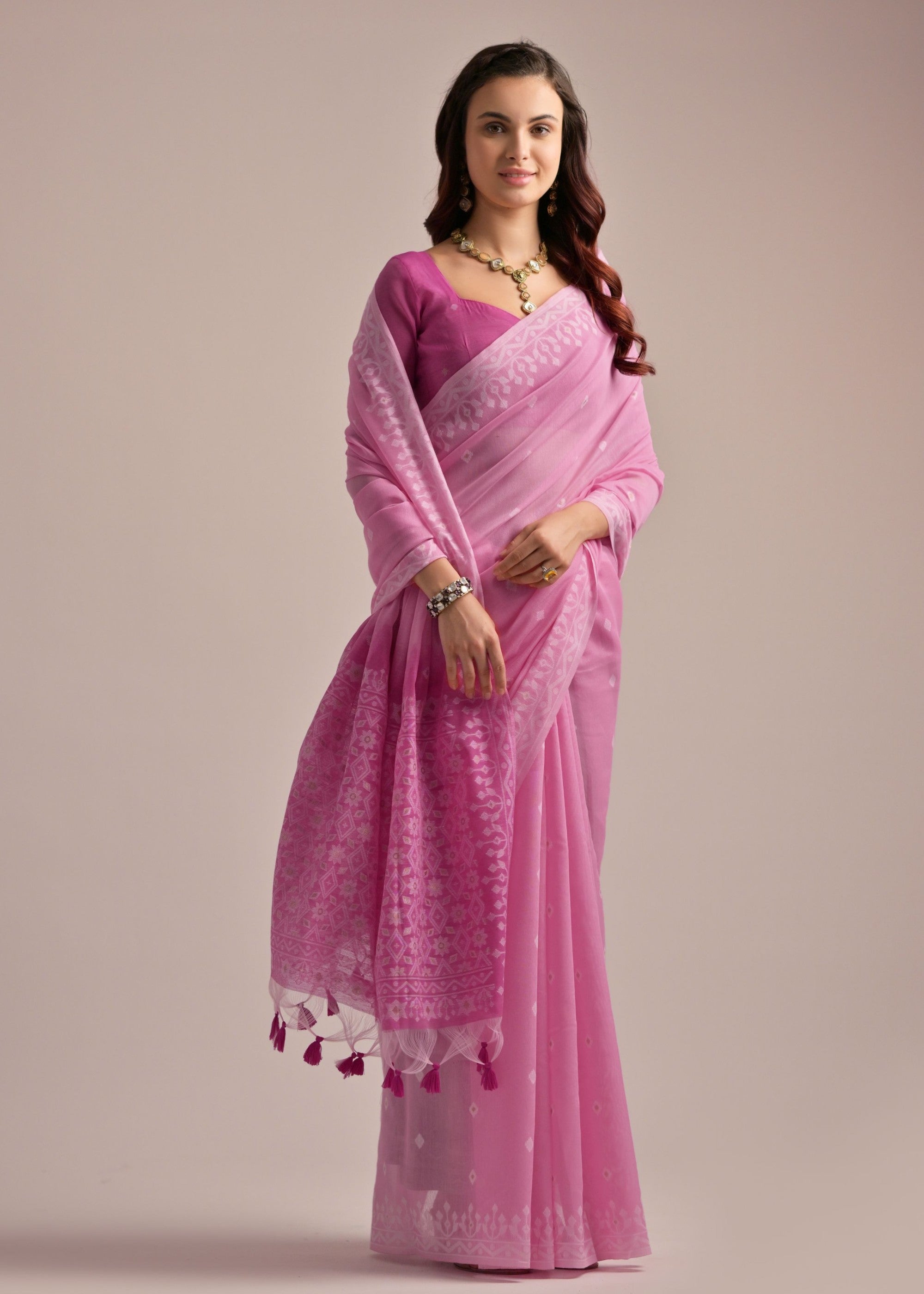 Pink Thread Butti Lakhnawi Weaves Muga Cotton Saree With Contrast Pallu - qivii