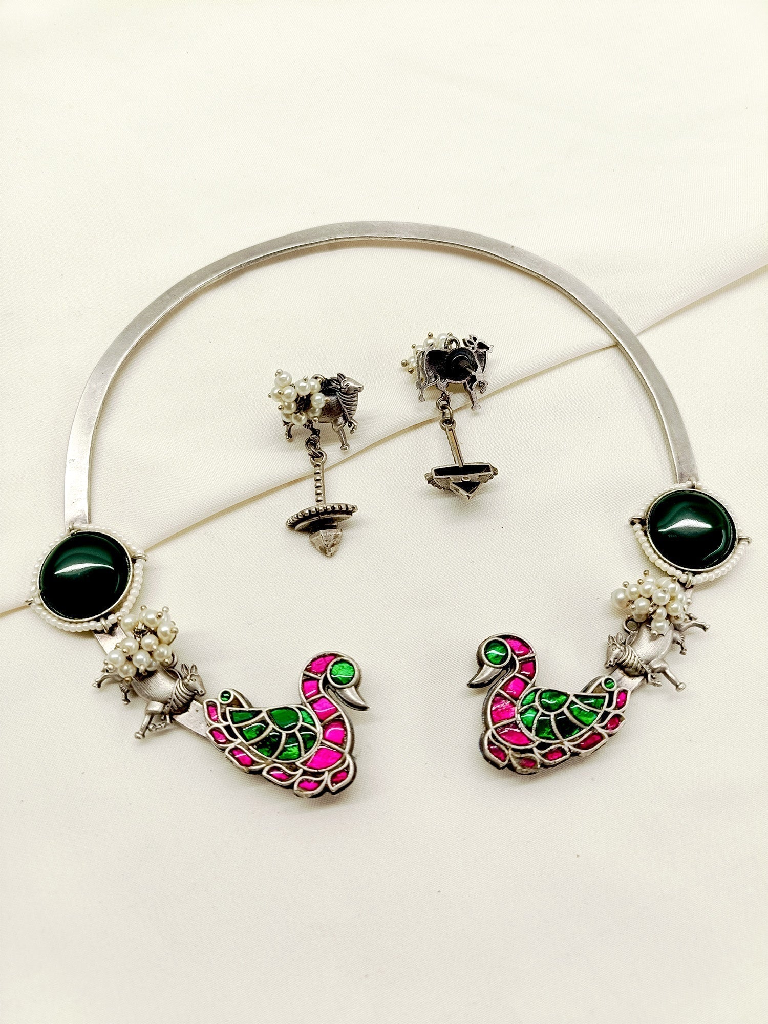 Omi M & G Peacock Oxidized Hasli Style Necklace Set - qivii