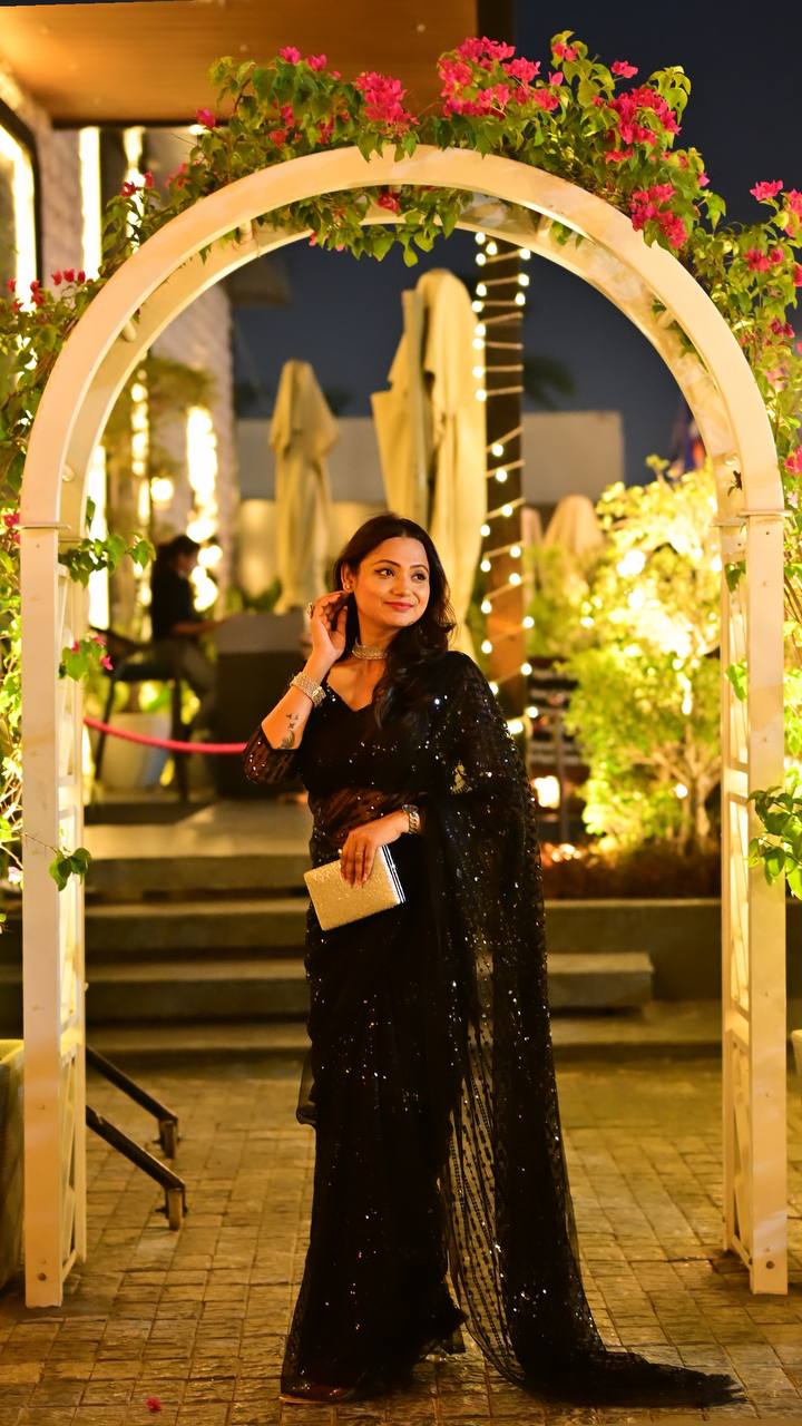 Black Net saree with heavy sequins & thread work - INSPIRED - qivii