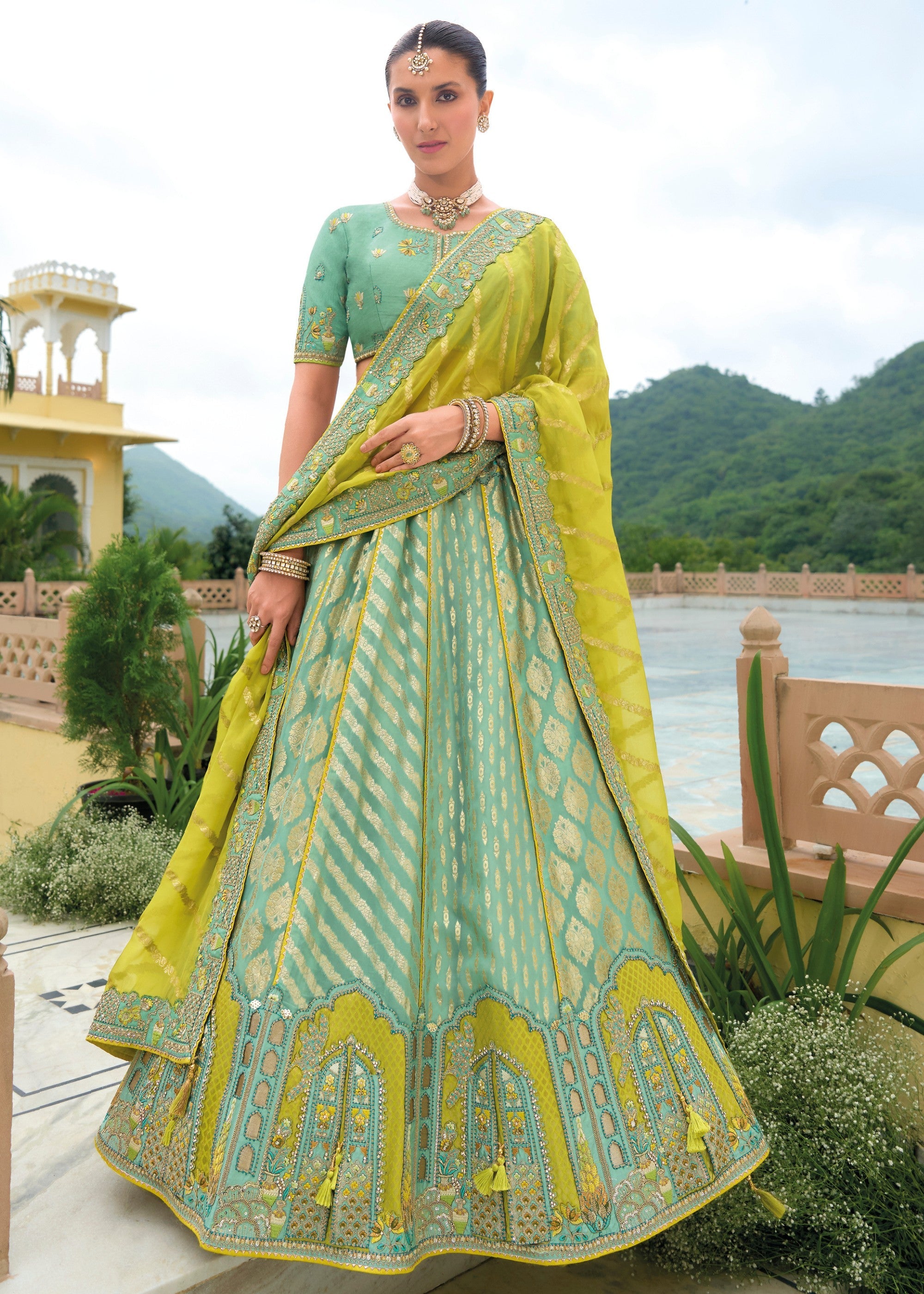 Mint Green Banarasi Silk Lehenga With Heavy Embroidery Work | Ready To Wear - qivii