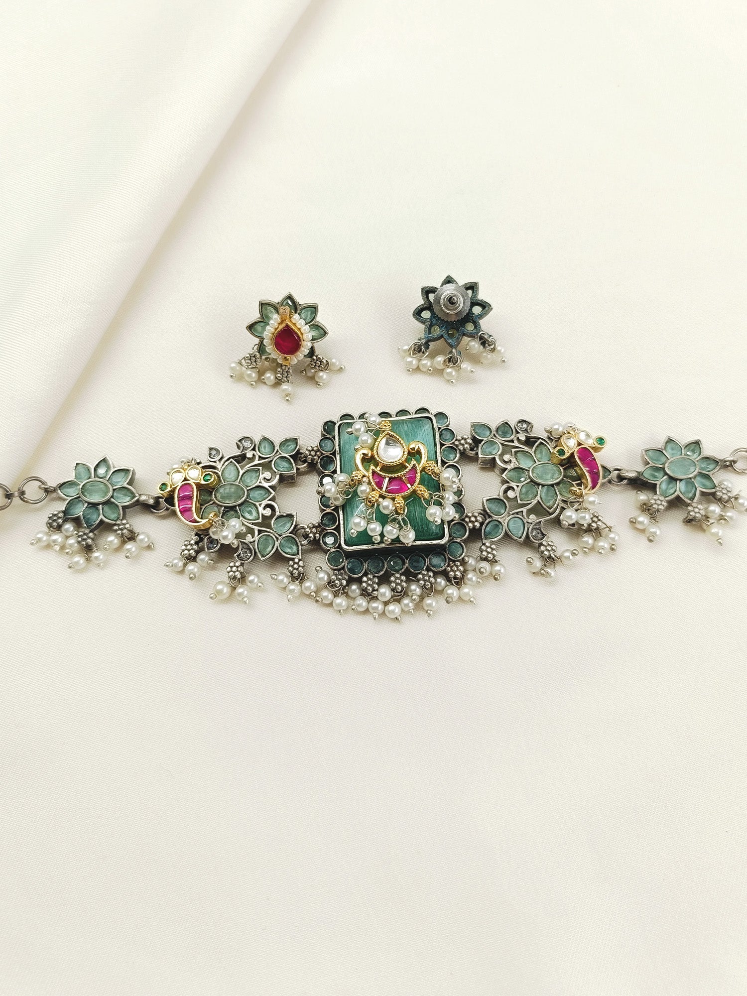 Vanshika Mint Green Oxidized Choker Set