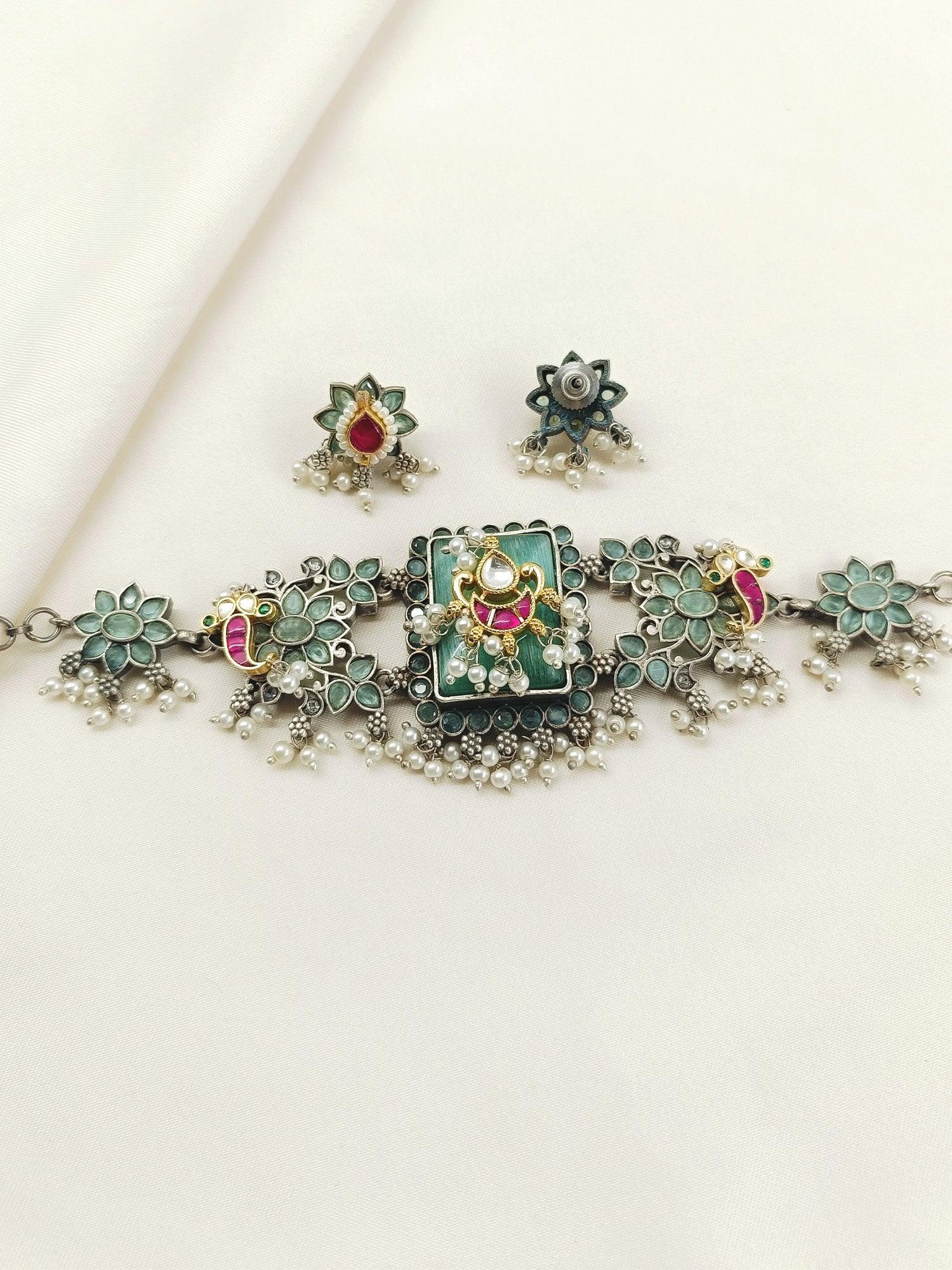Vanshika Mint Green Oxidized Choker Set