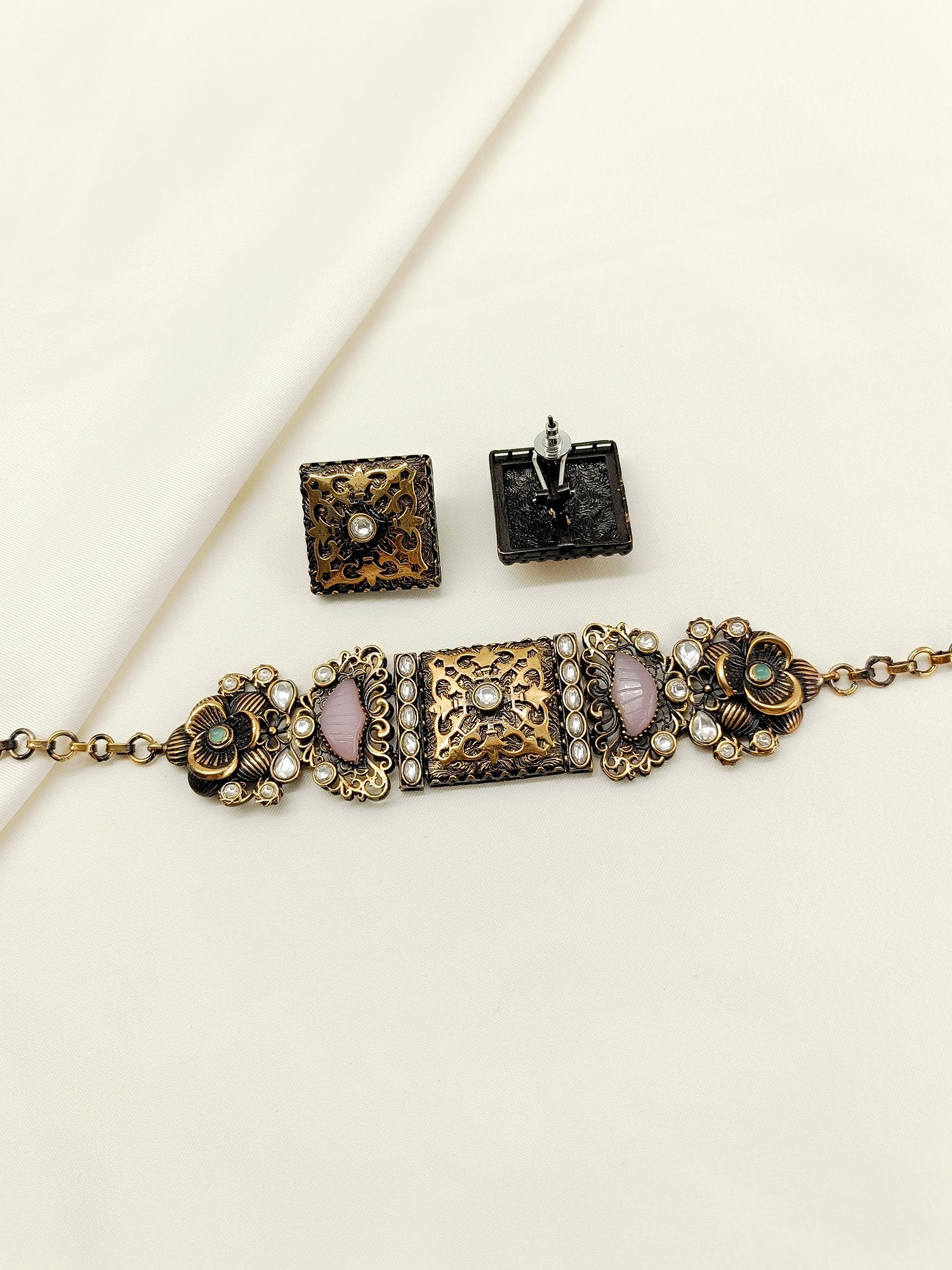 Neeshad Baby Pink Oxidized Choker Set