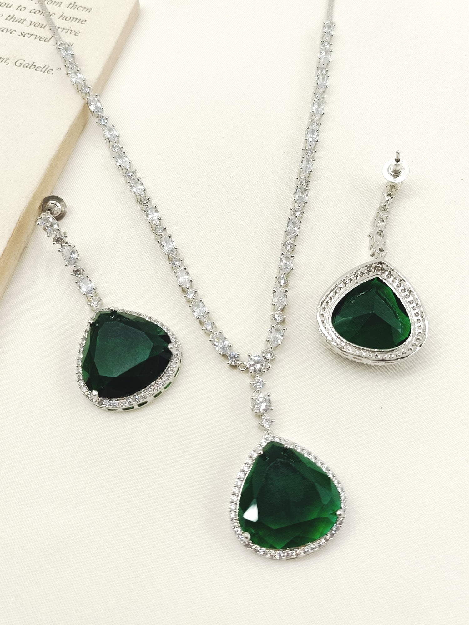 Ramiza Green American Diamond Necklace Set