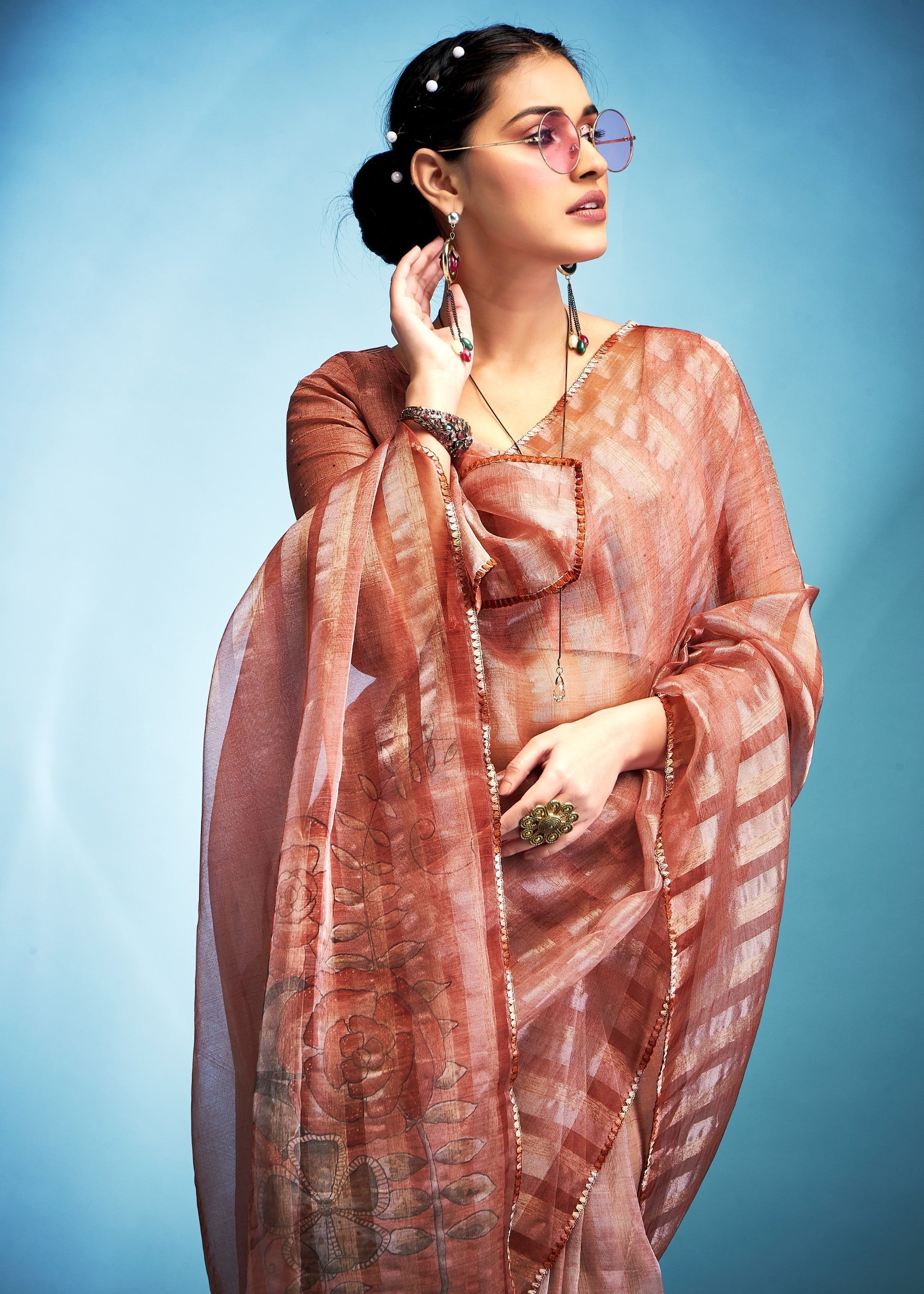 Salmon Orange Tissue Silk Saree With Floral Print - qivii