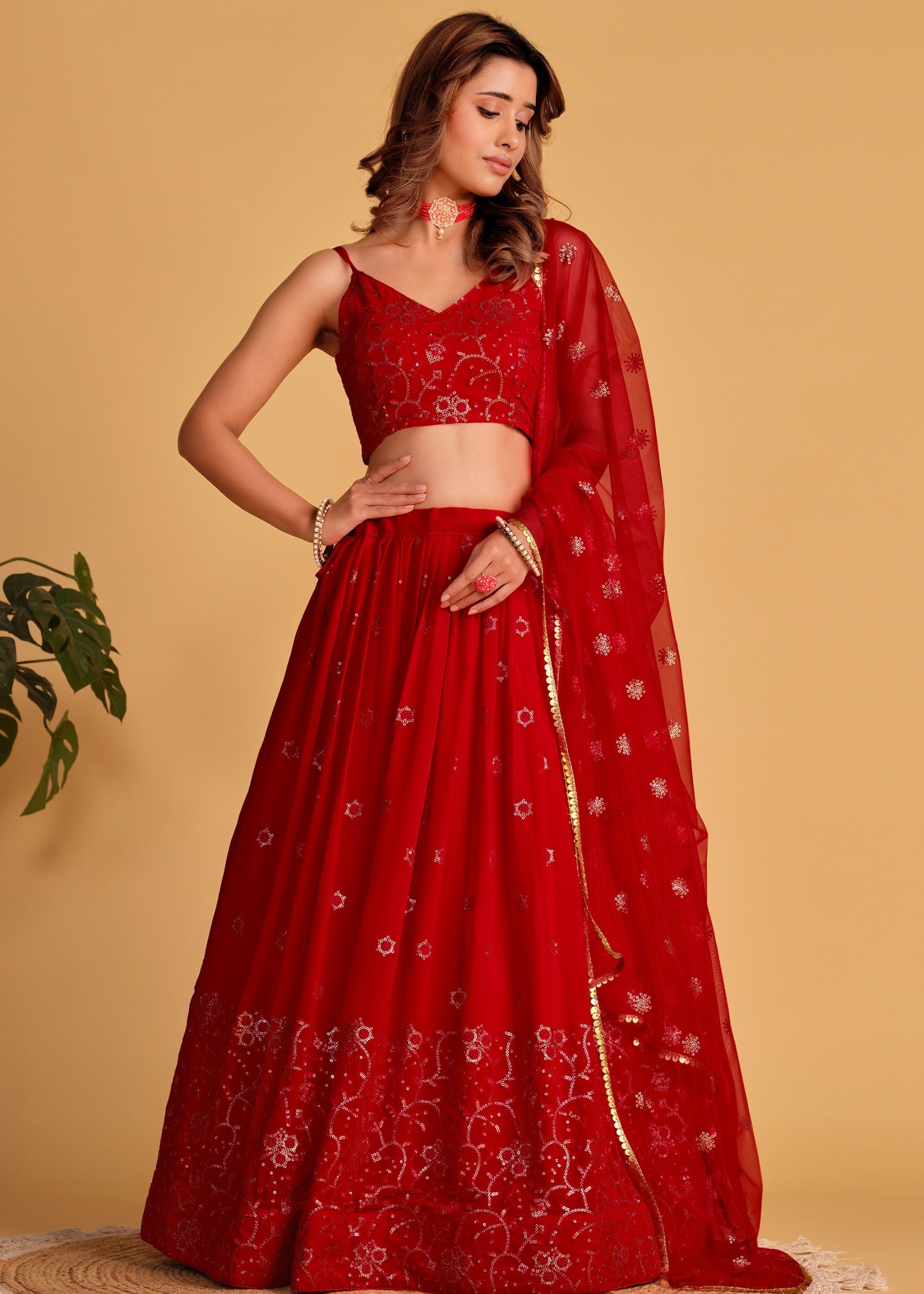 Crimson Red Georgette Lehenga Choli With Sequins Zari Embroidered Work | Ready To Wear - qivii