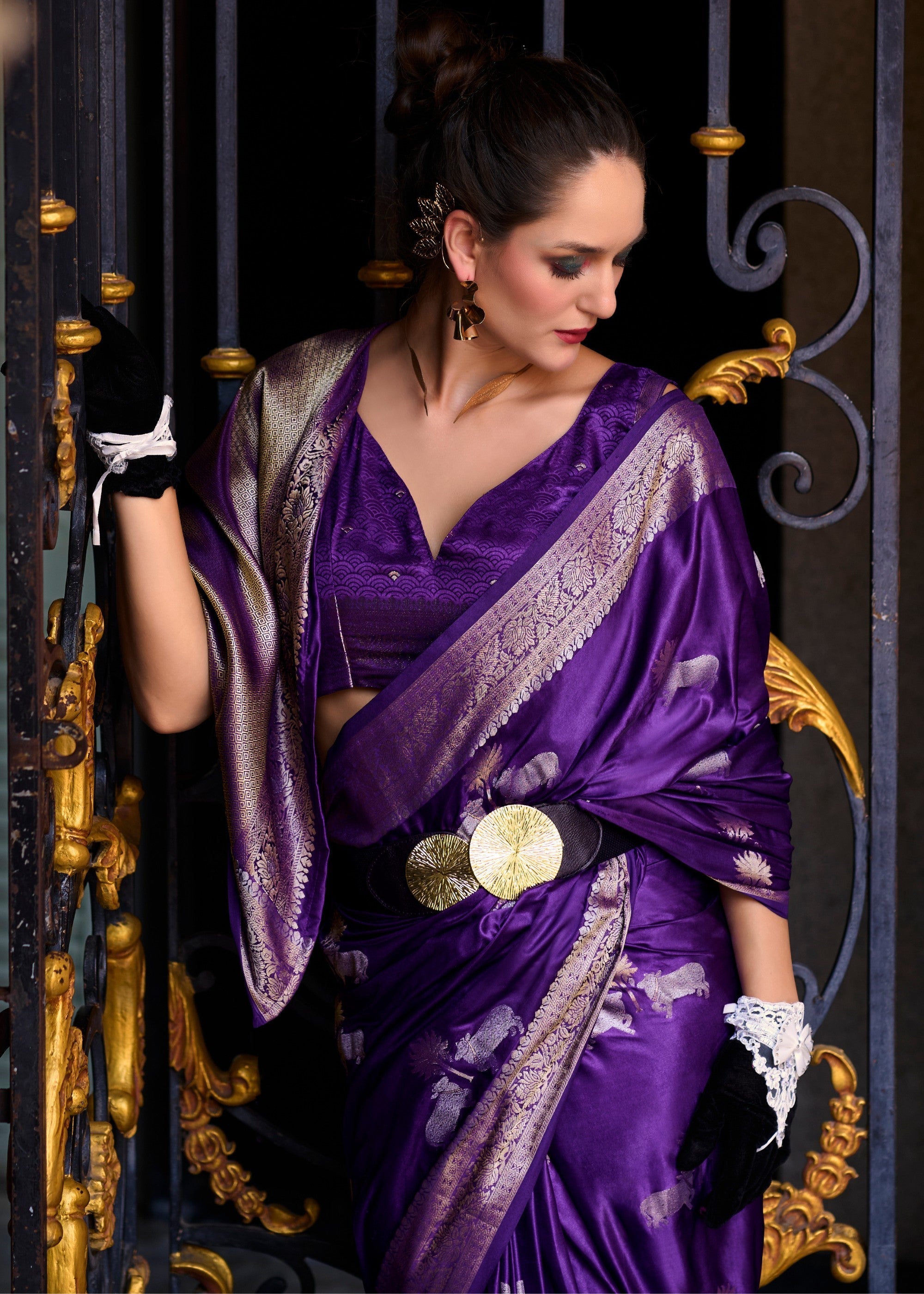Indigo Purple Satin Mungha Silk Saree : Top Pick - qivii