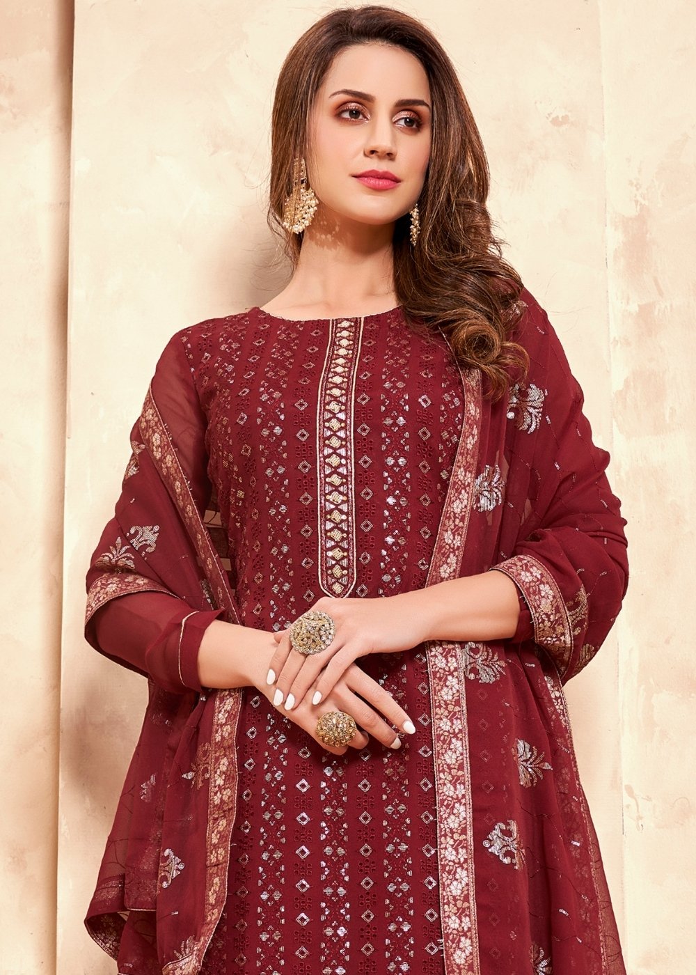 Maroon Red Georgette Salwar Suit with Thread & Sequence Embroidery work - qivii