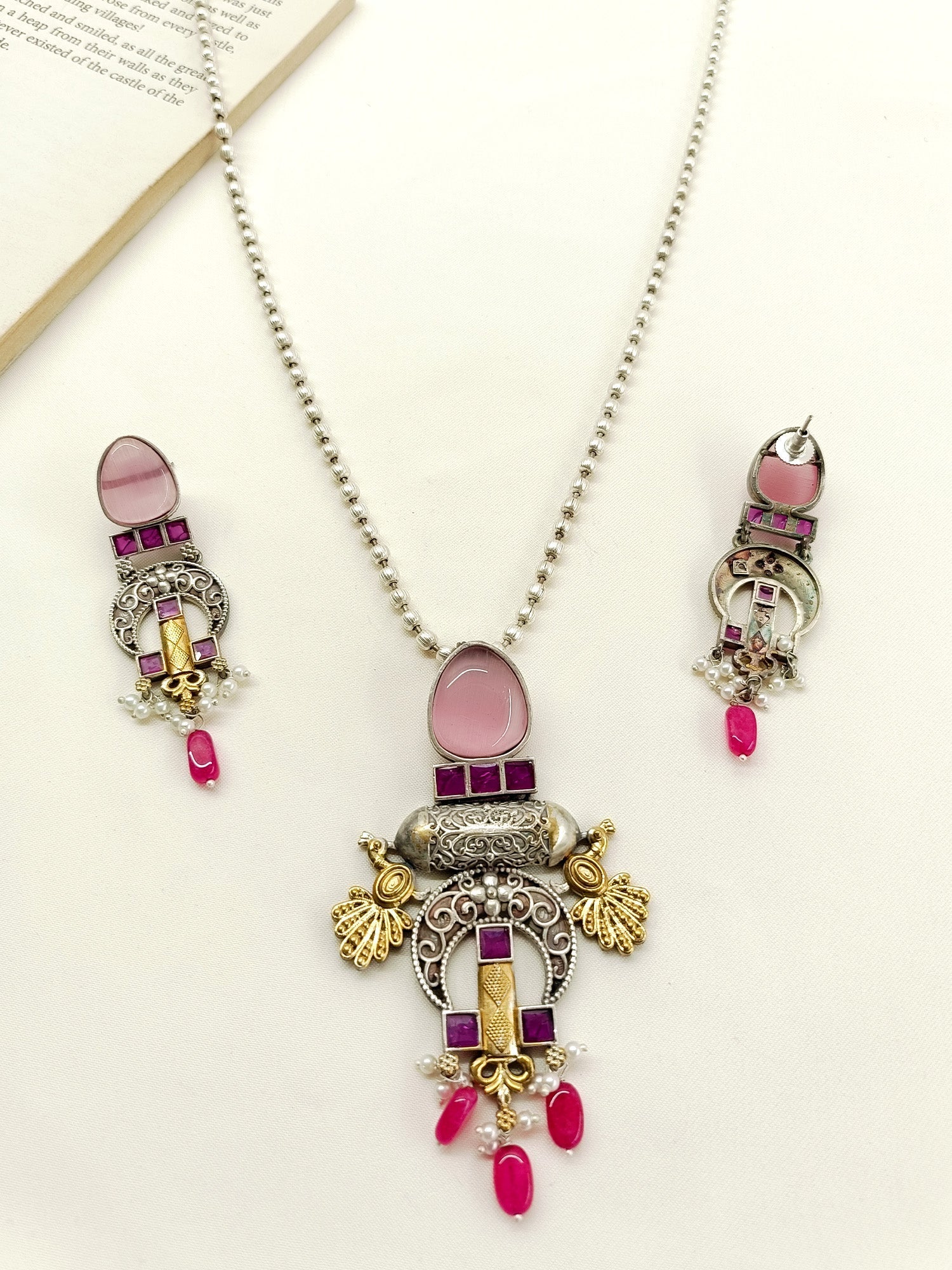 Karter Ruby Oxidized Pendant Set - qivii