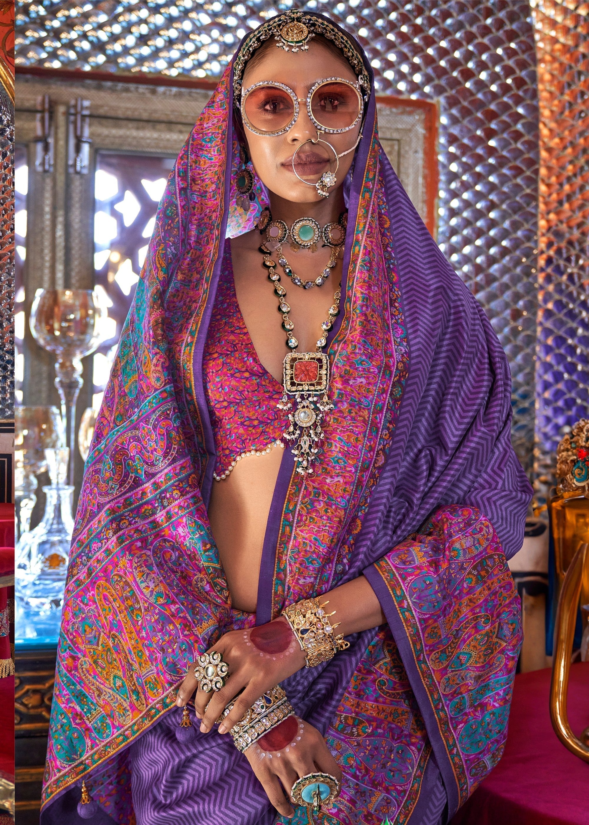 Royal purple Silk Saree With Beautiful Print - qivii