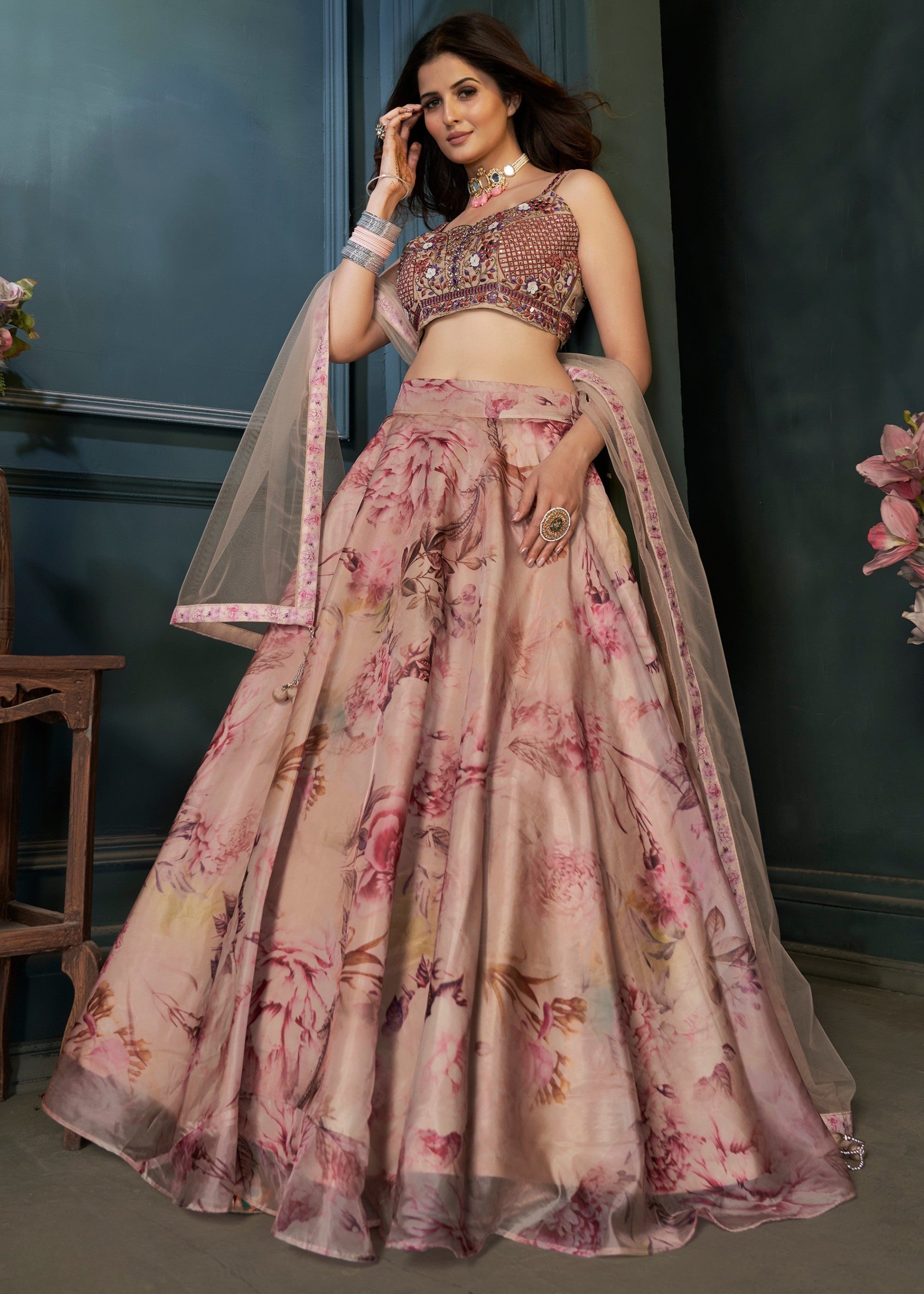 Multi Colour Digital Print and Handwork Organza Silk Lehenga | Ready To Wear - qivii