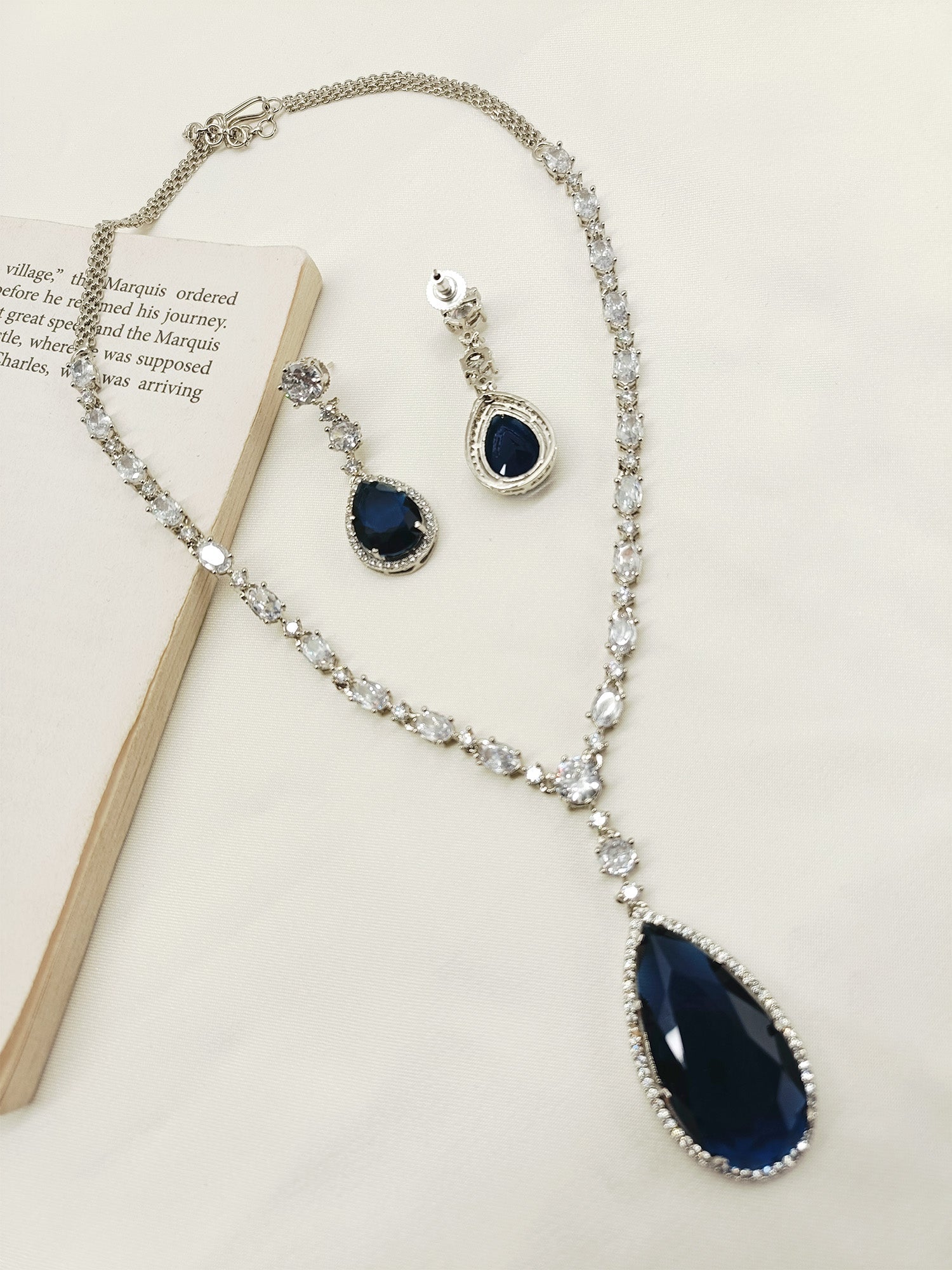 Navika Navy Blue American Diamond Necklace Set - qivii