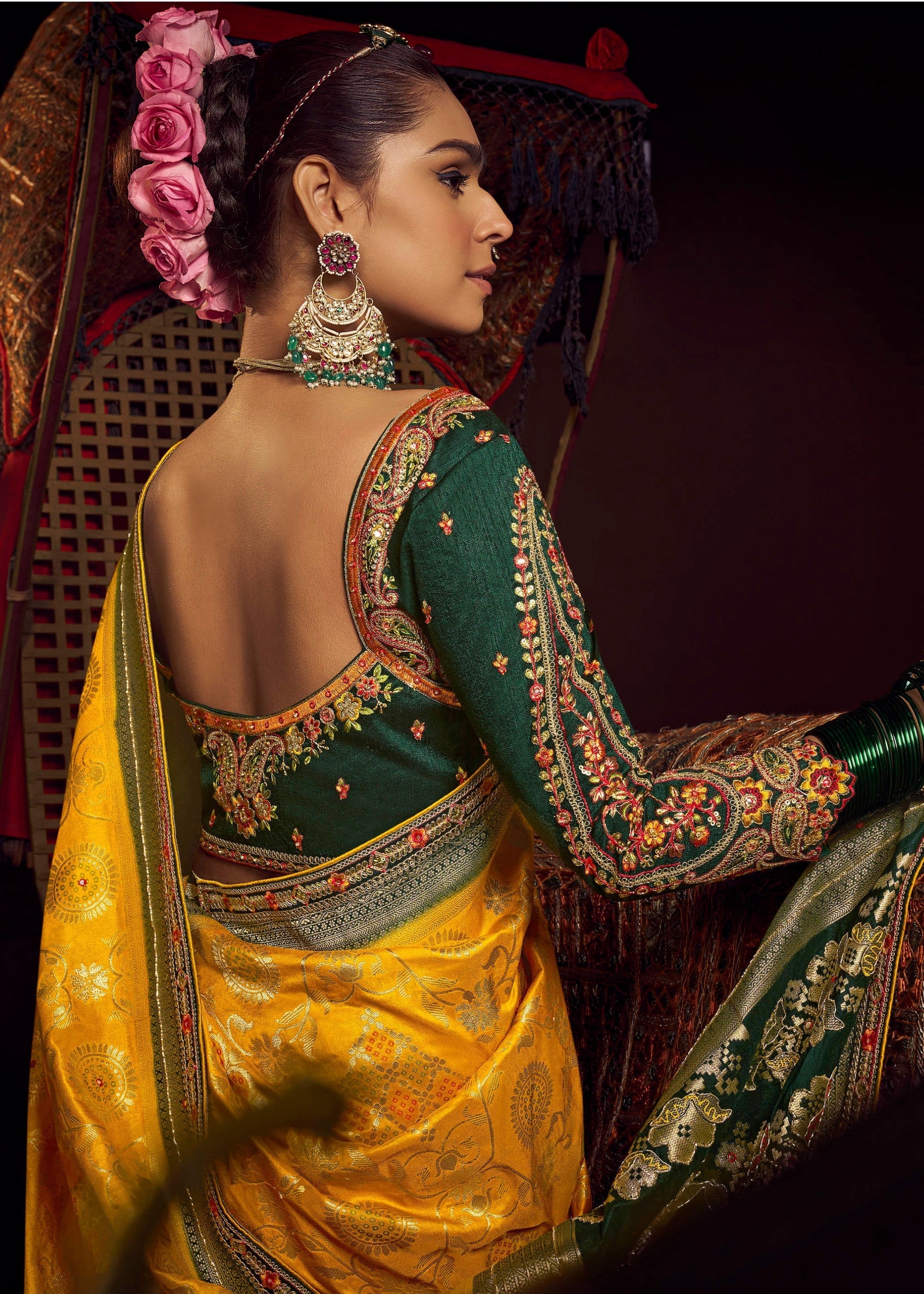 Mustard Yellow Pure Viscose Dola Silk Saree With Handwork On Blouse And Pallu - qivii