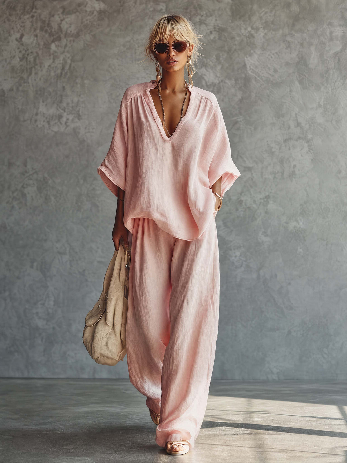 Casual Urban Bohemian Style V-neck Pink Cotton Blouse And Pants Set - By Qivii