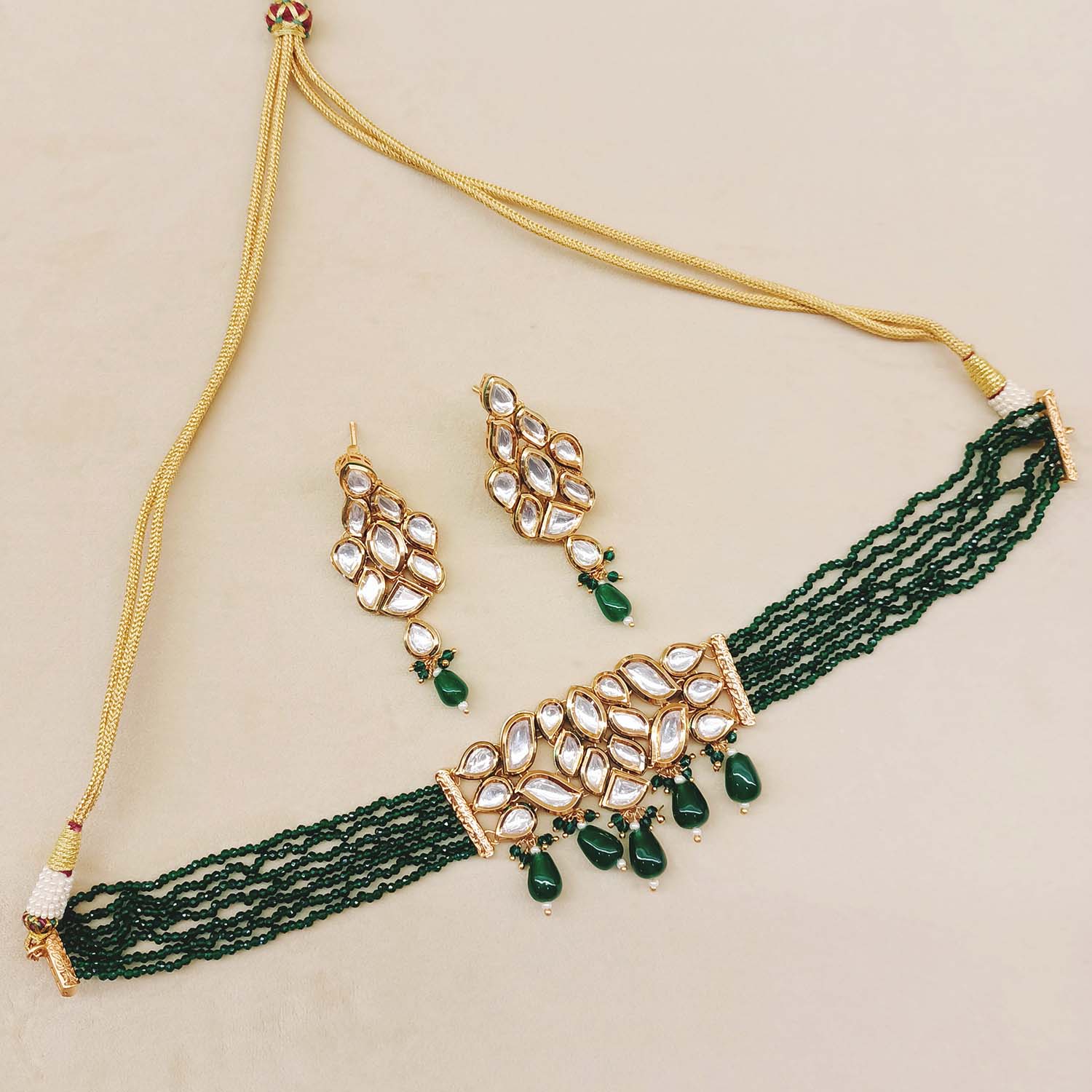 Muskaan Kundan Choker With Green Beads - qivii
