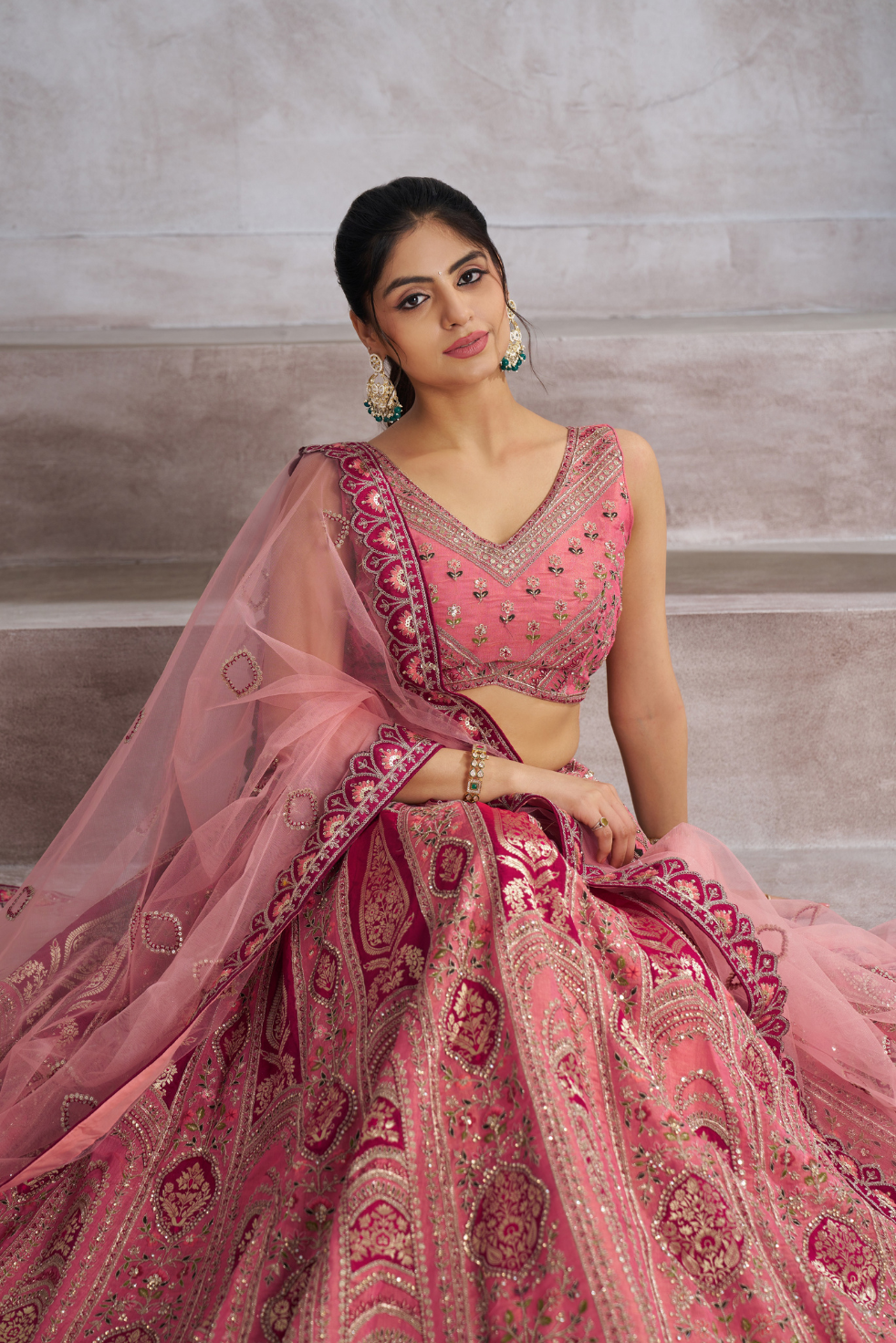 Pink Aari Embroidered Banarasi Wedding Lehenga - qivii