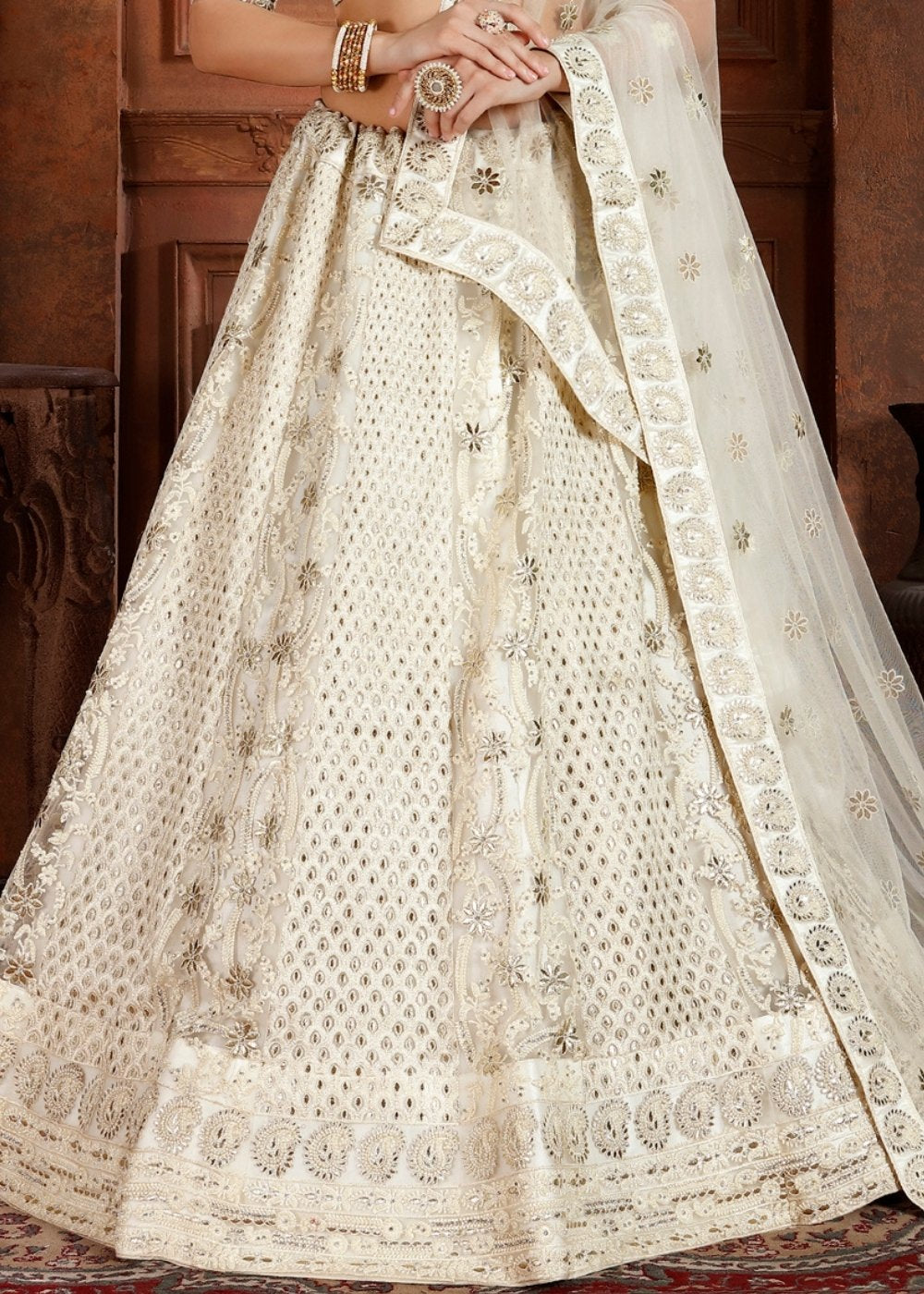 Daisy White Soft Net Lehenga Choli with Thread,Zari, Zarkan & Pearl work | Ready To Wear - qivii