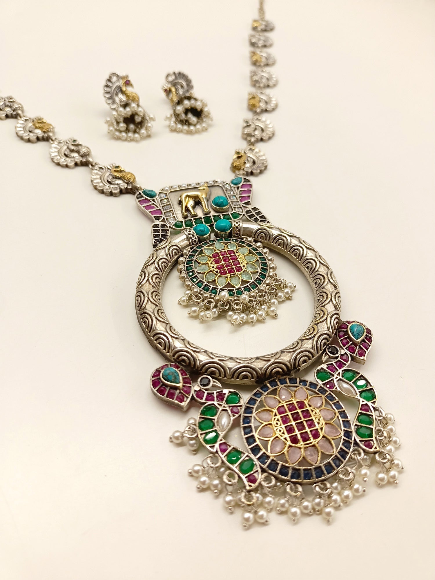 Neelam Multi Colour Long Oxidised Pendant Set - qivii