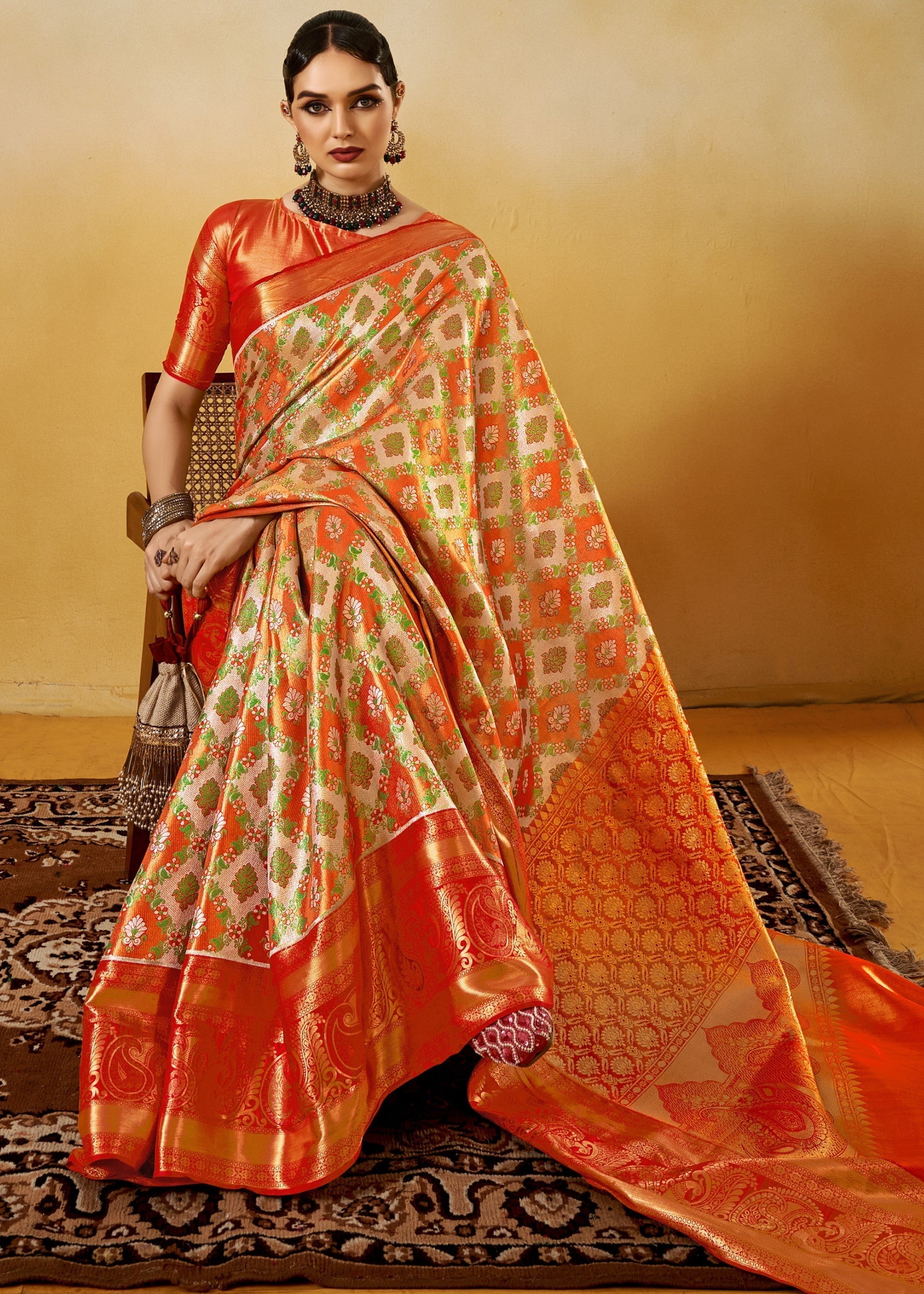 Orange Handloom Dharamavaram Silk Saree - qivii
