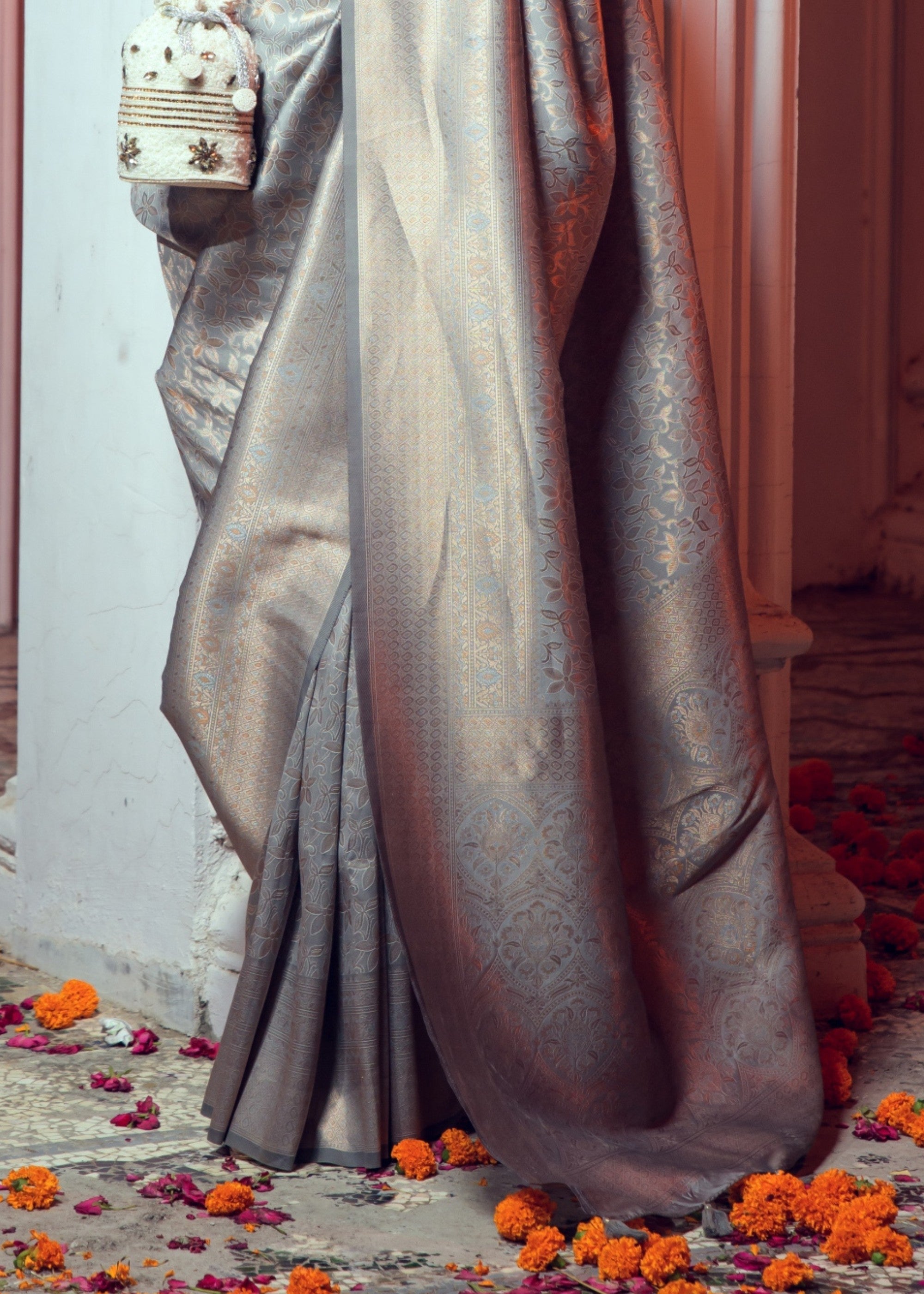 Coin Grey Zari Woven Silk Saree - qivii