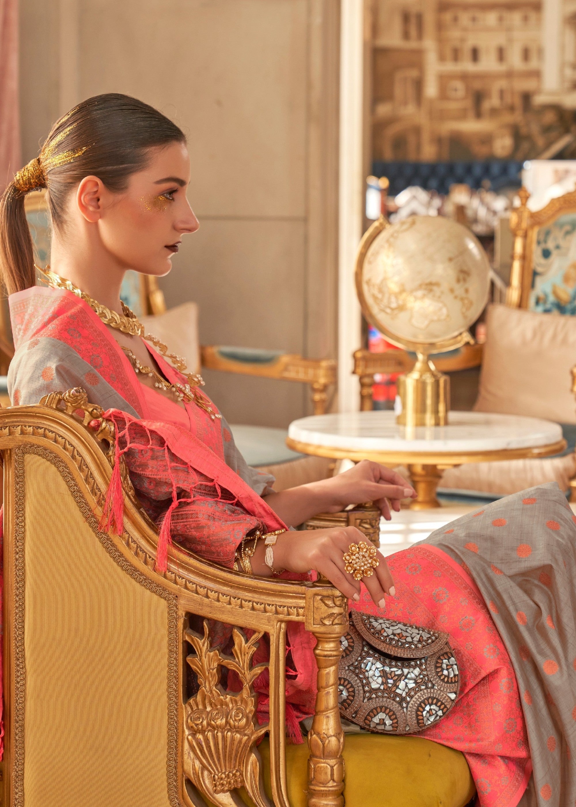 Platinum Grey Bamboo Copper Zari Handloom Weaving Saree - qivii