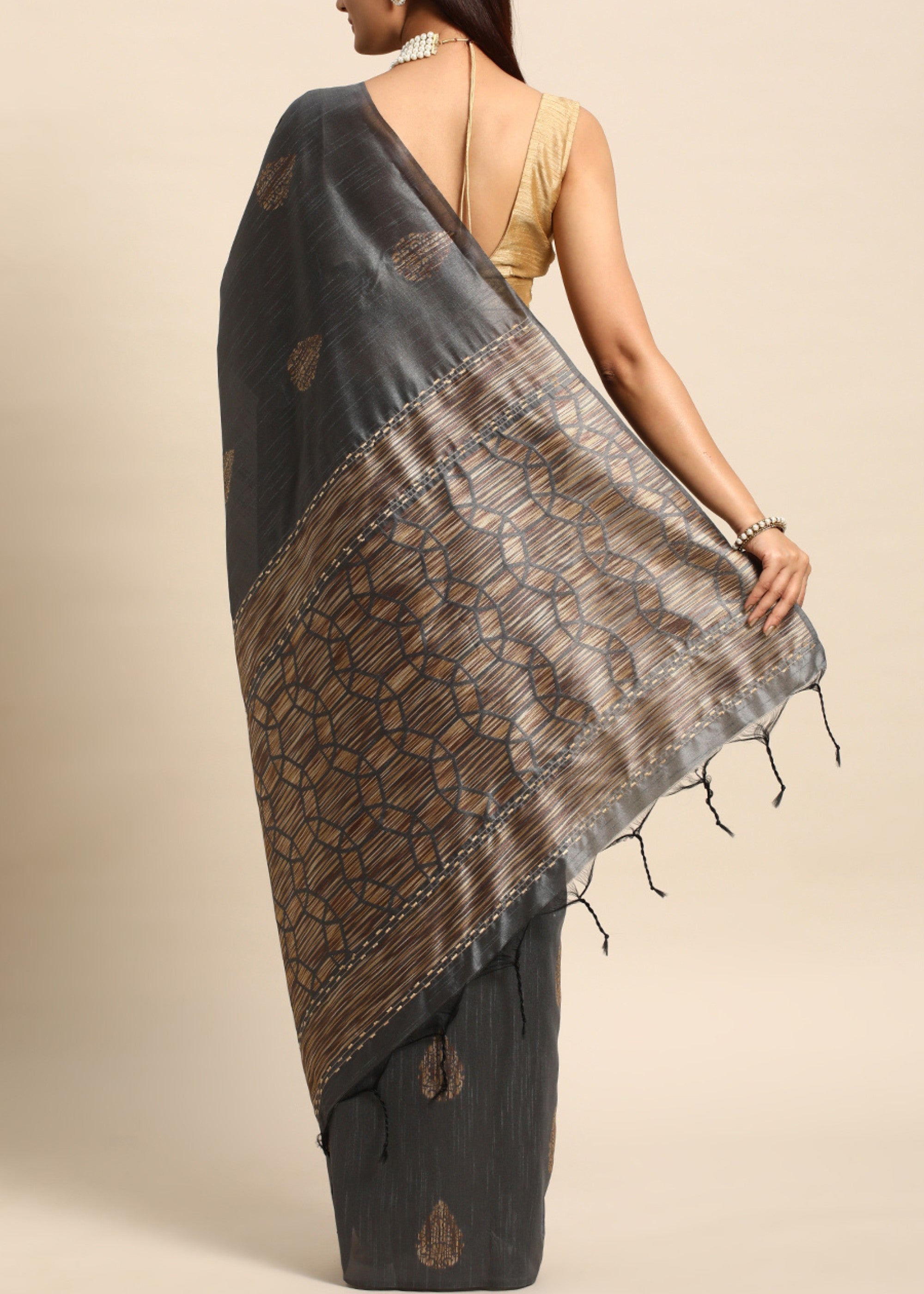 Shadow Grey Woven Handloom Raw Silk Saree - qivii