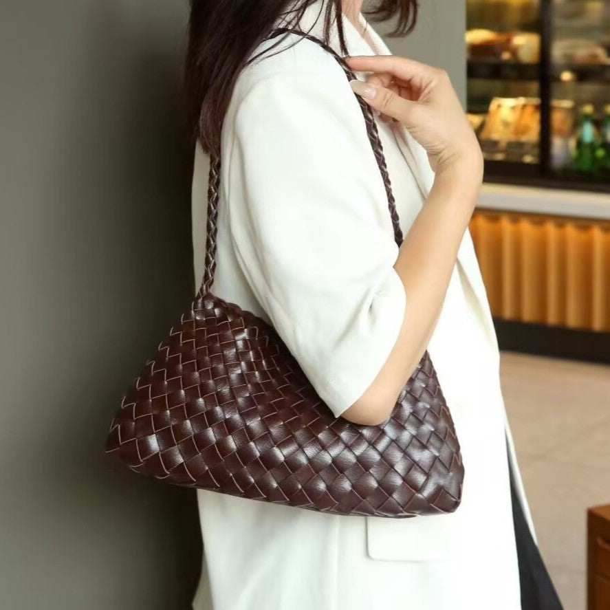 Women’s Genuine Leather Woven Heritage Tote – Handcrafted Vintage Shoulder & Underarm Bag, Minimalist Elegant Design
