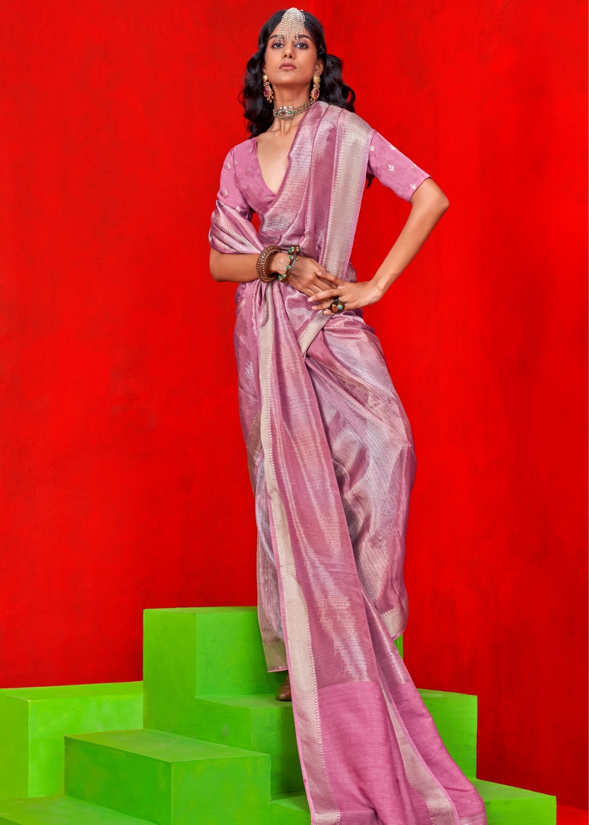Pink Pure Viscose Zari Tissue Saree - qivii