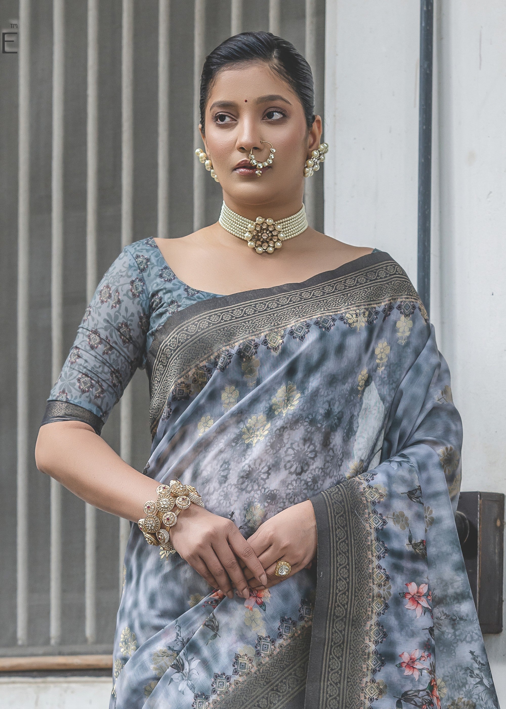 Pigeon Blue Woven Silk Saree - qivii