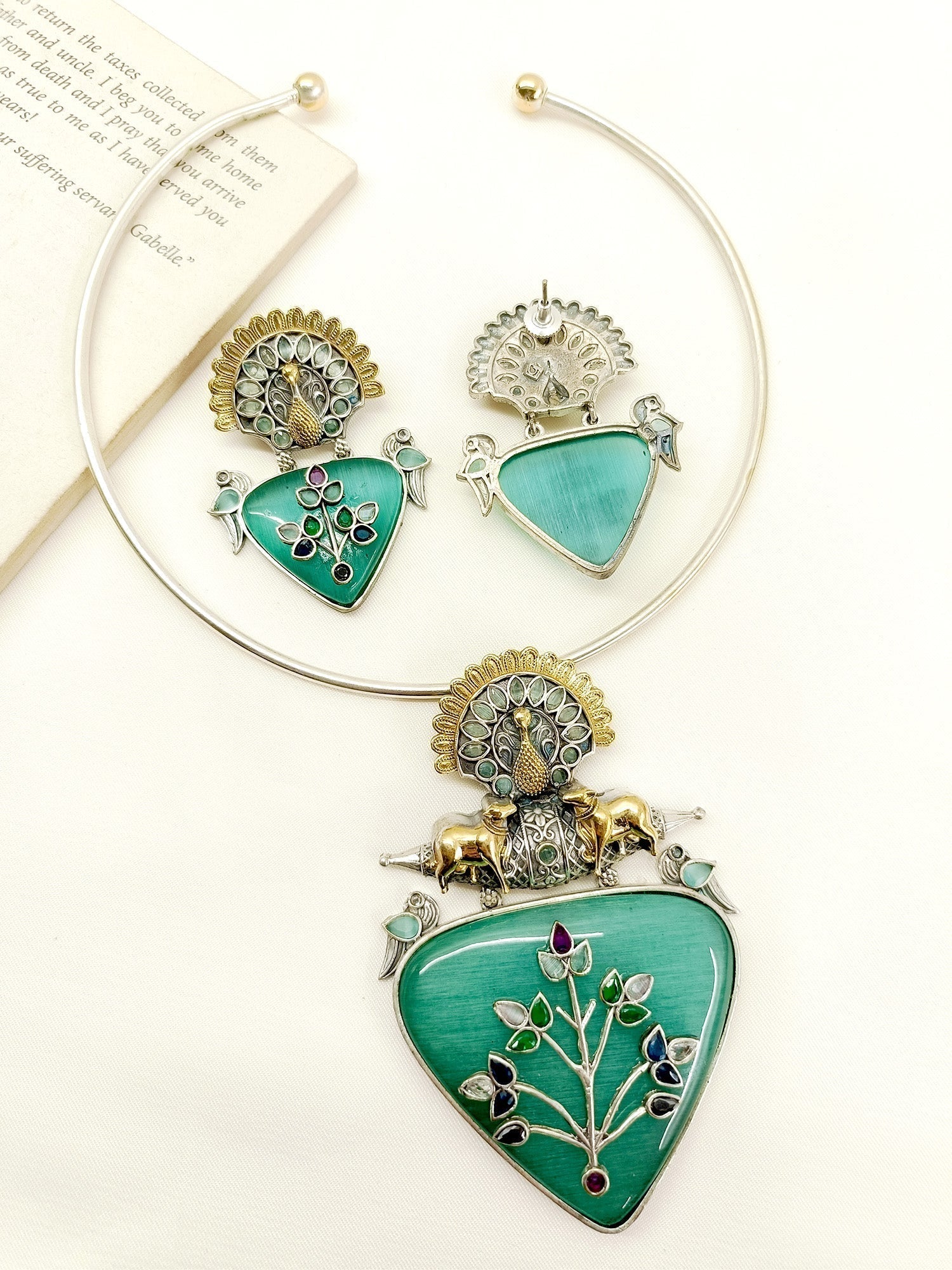 Emelia Mint Green German Silver Oxidized Hasli Style Necklace Set - qivii