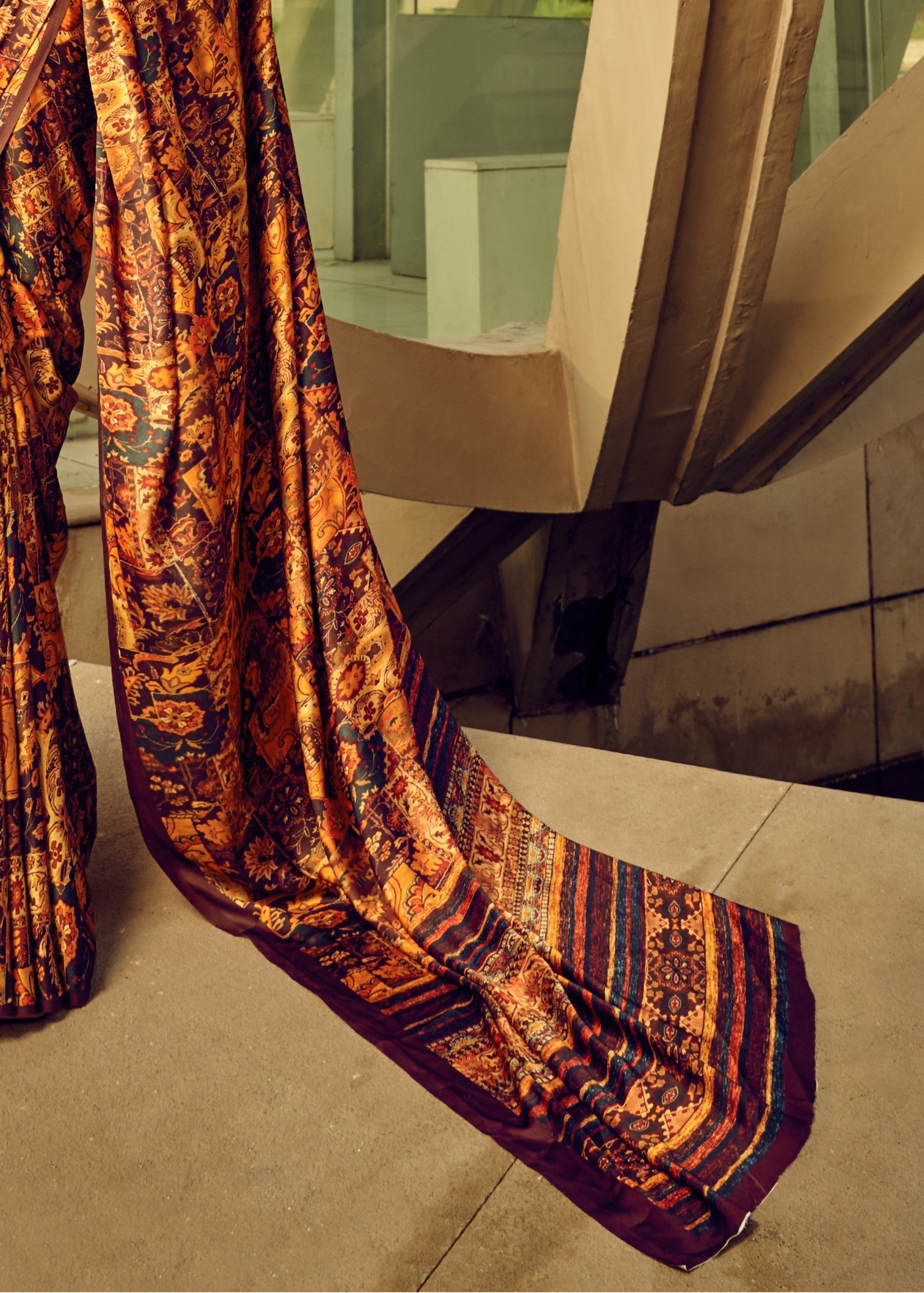 Brown Satin Digital Printed Saree - qivii