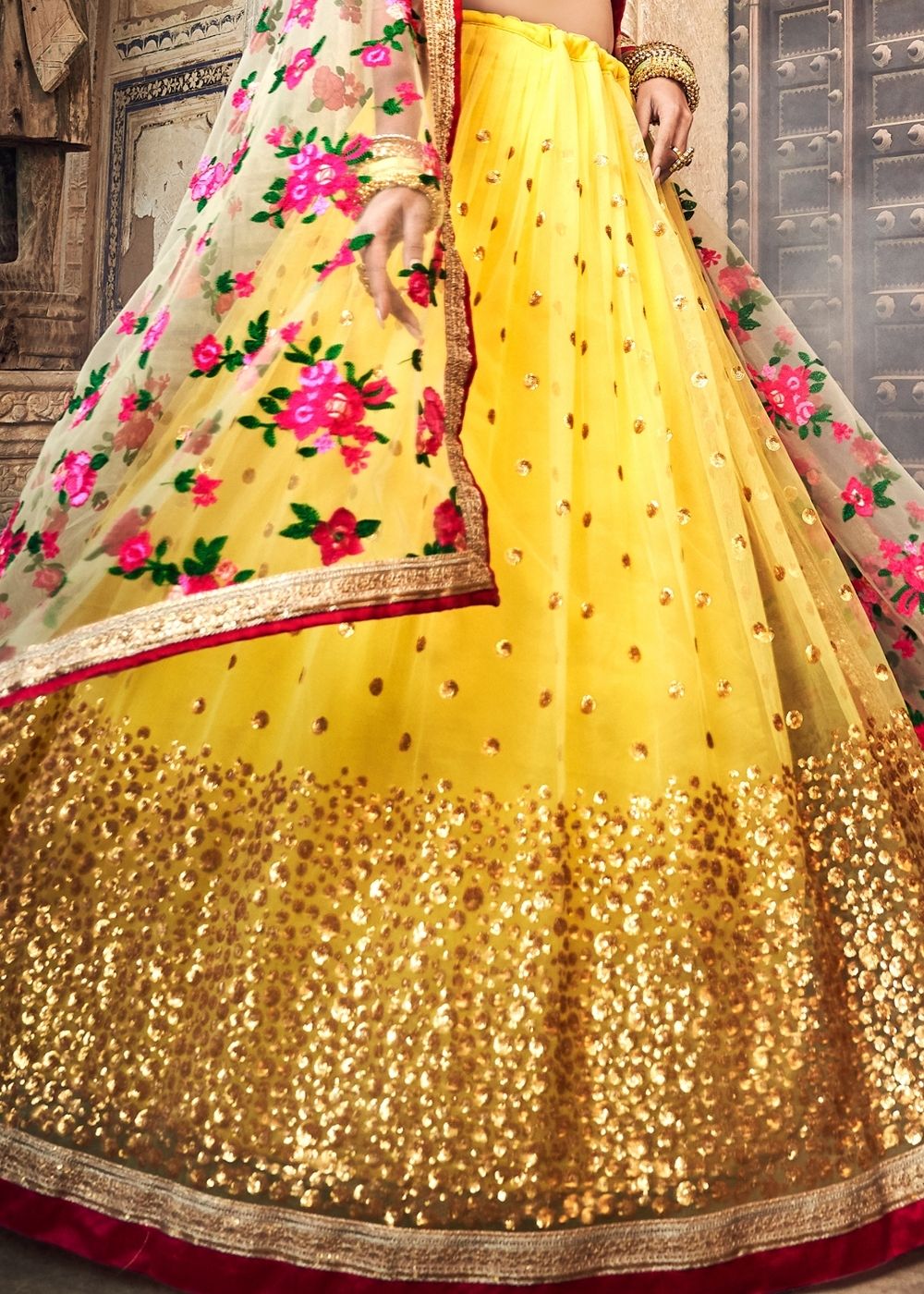 Electric Yellow Soft Net Lehenga Choli with Sequins,Thread & Zari work | Ready To Wear - qivii