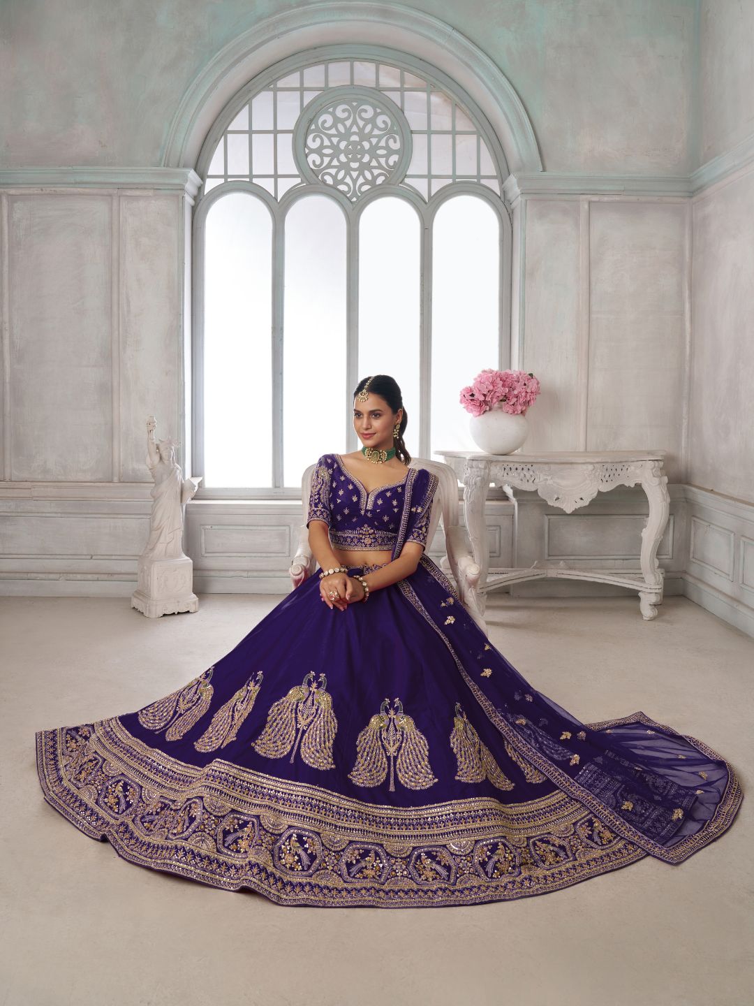 Designer Purple Silk Lehenga Choli with Embroidered Peacock Motifs