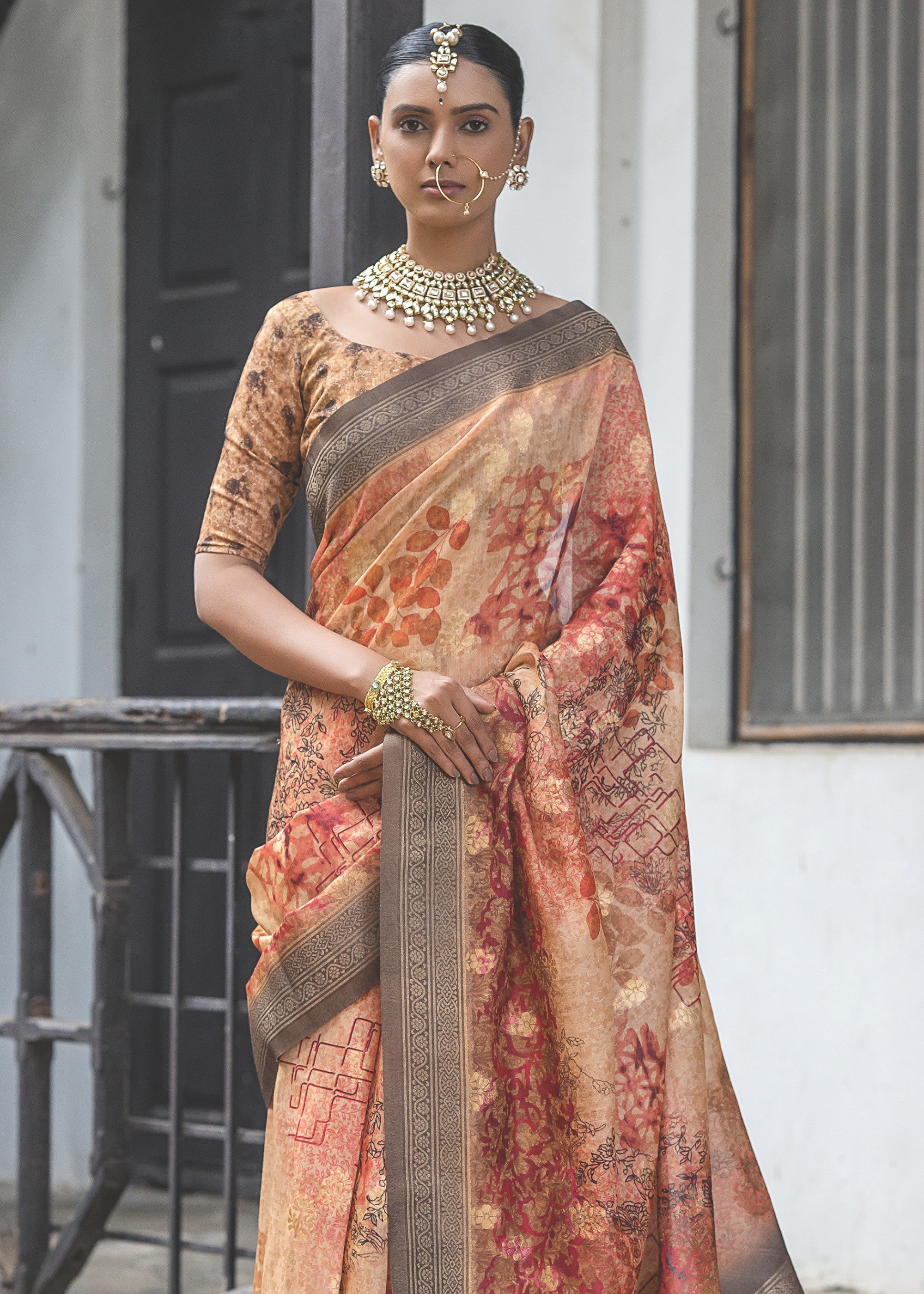 Orange and Grey Woven Silk Saree - qivii