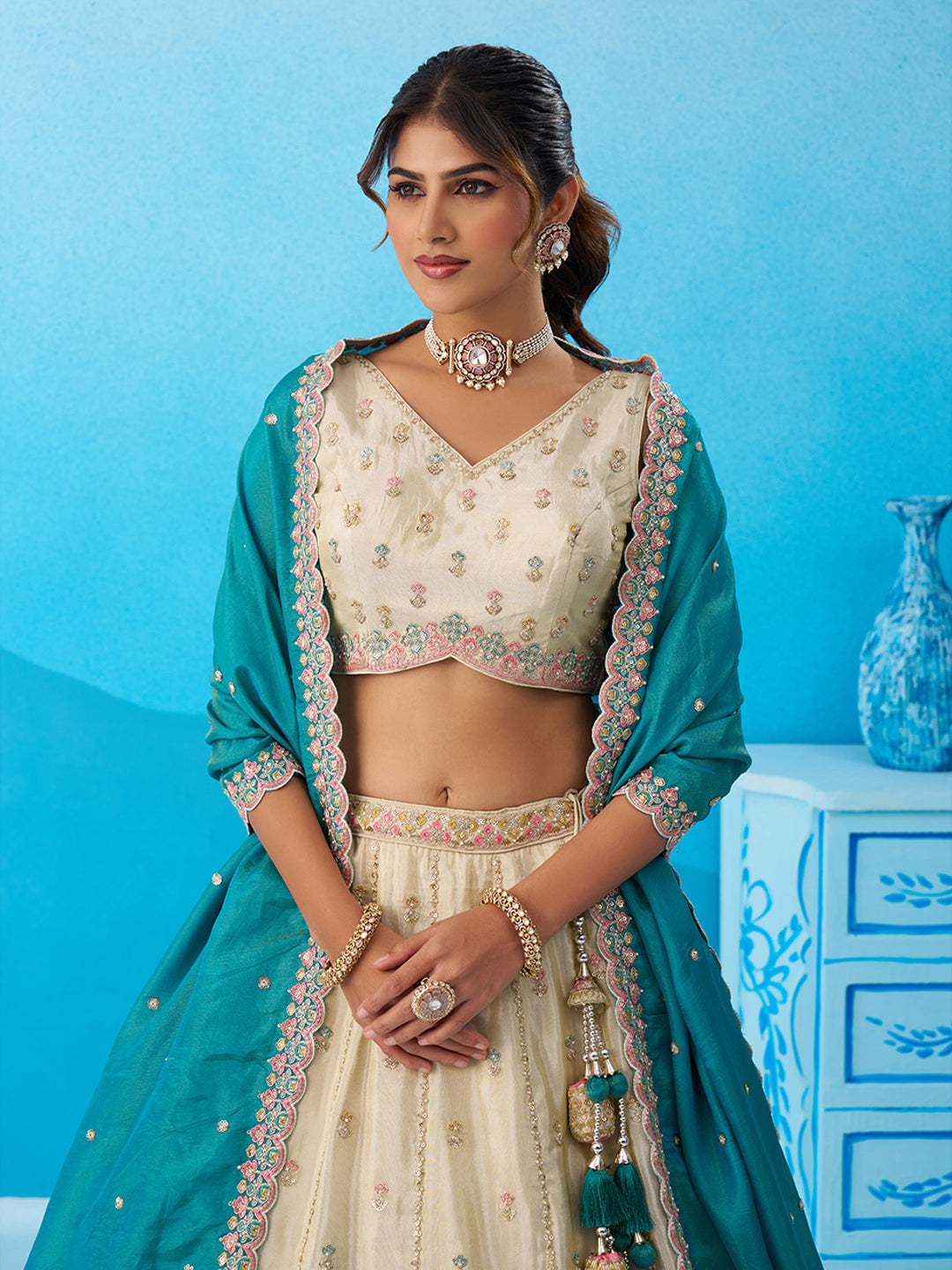 Teal Tissue Sequins Embroidered Lehenga Set